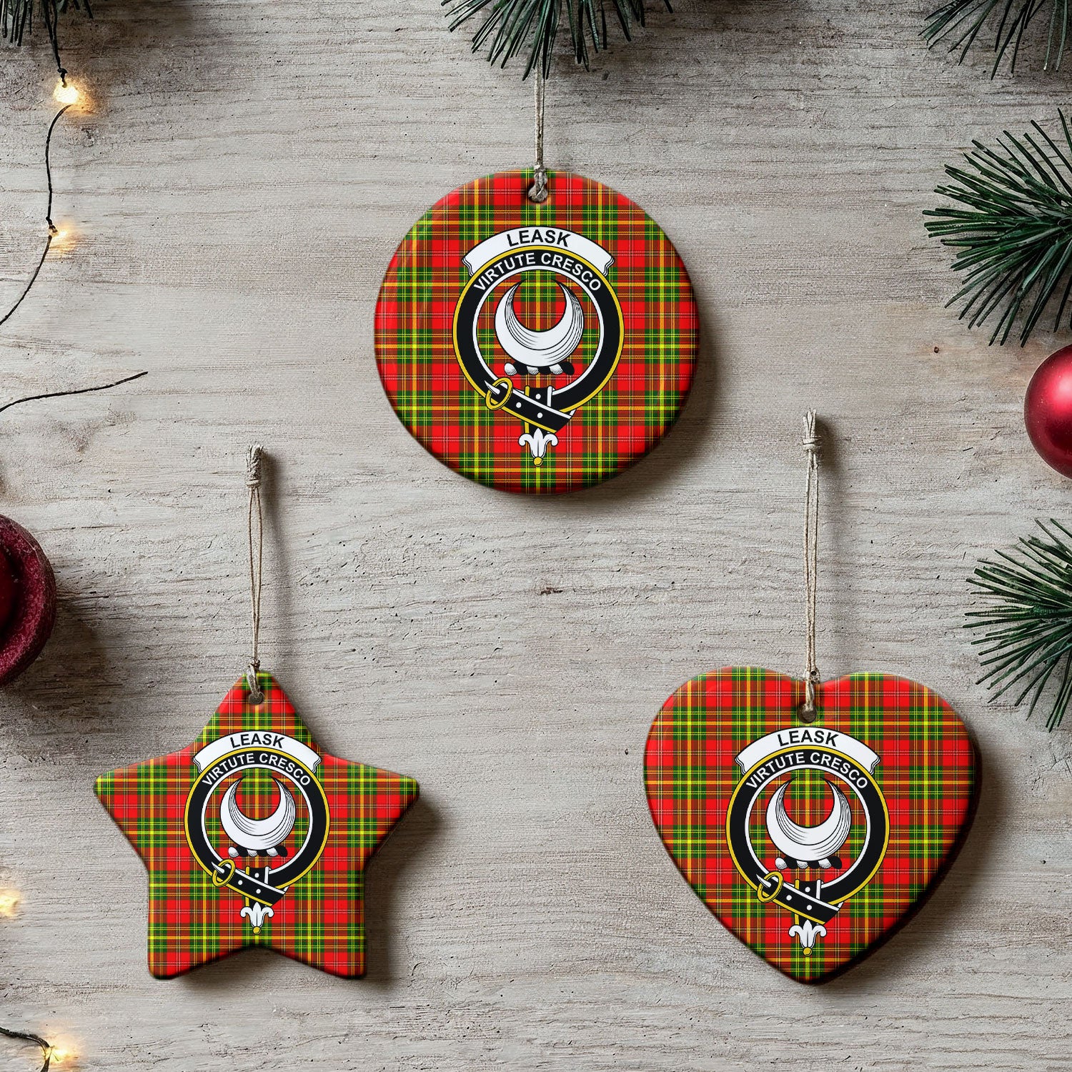 Leask Tartan Crest Christmas Ceramic Ornament