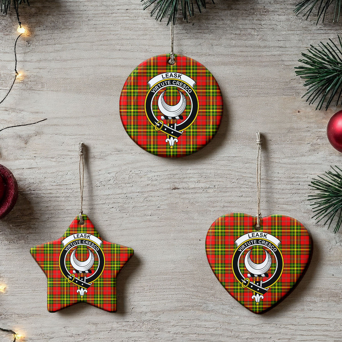 Leask Tartan Crest Christmas Ceramic Ornament