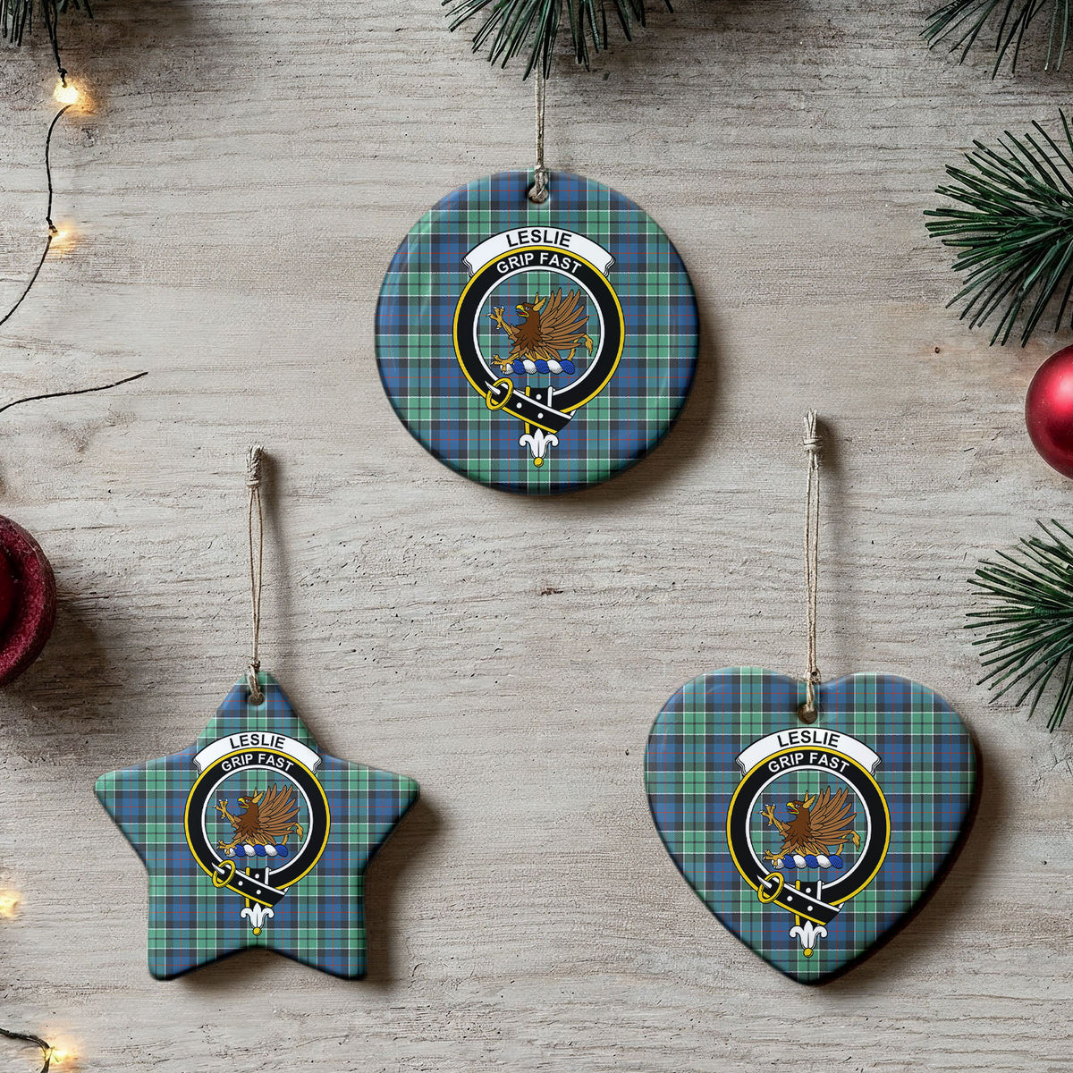Leslie Hunting Ancient Tartan Crest Christmas Ceramic Ornament