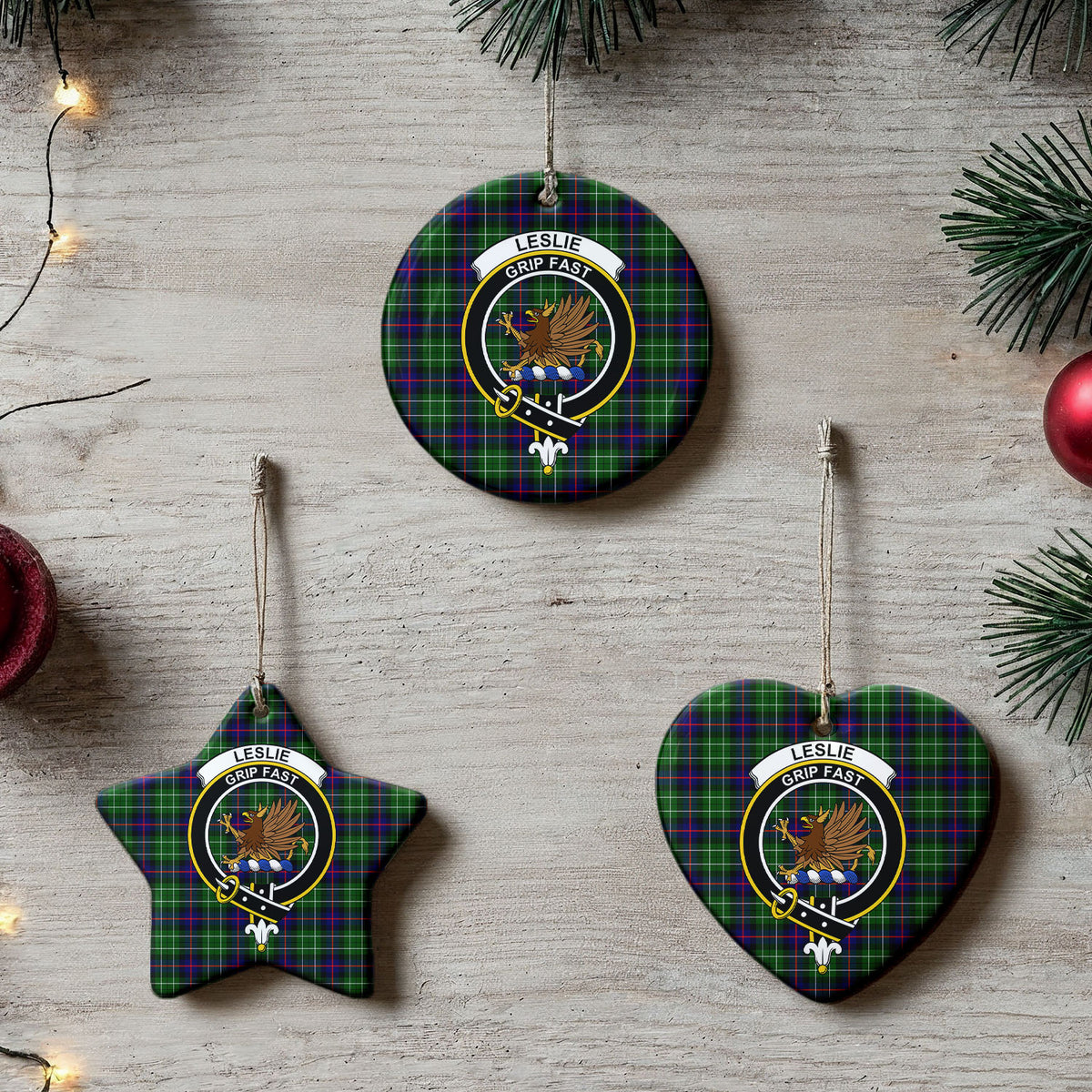 Leslie Hunting Tartan Crest Christmas Ceramic Ornament