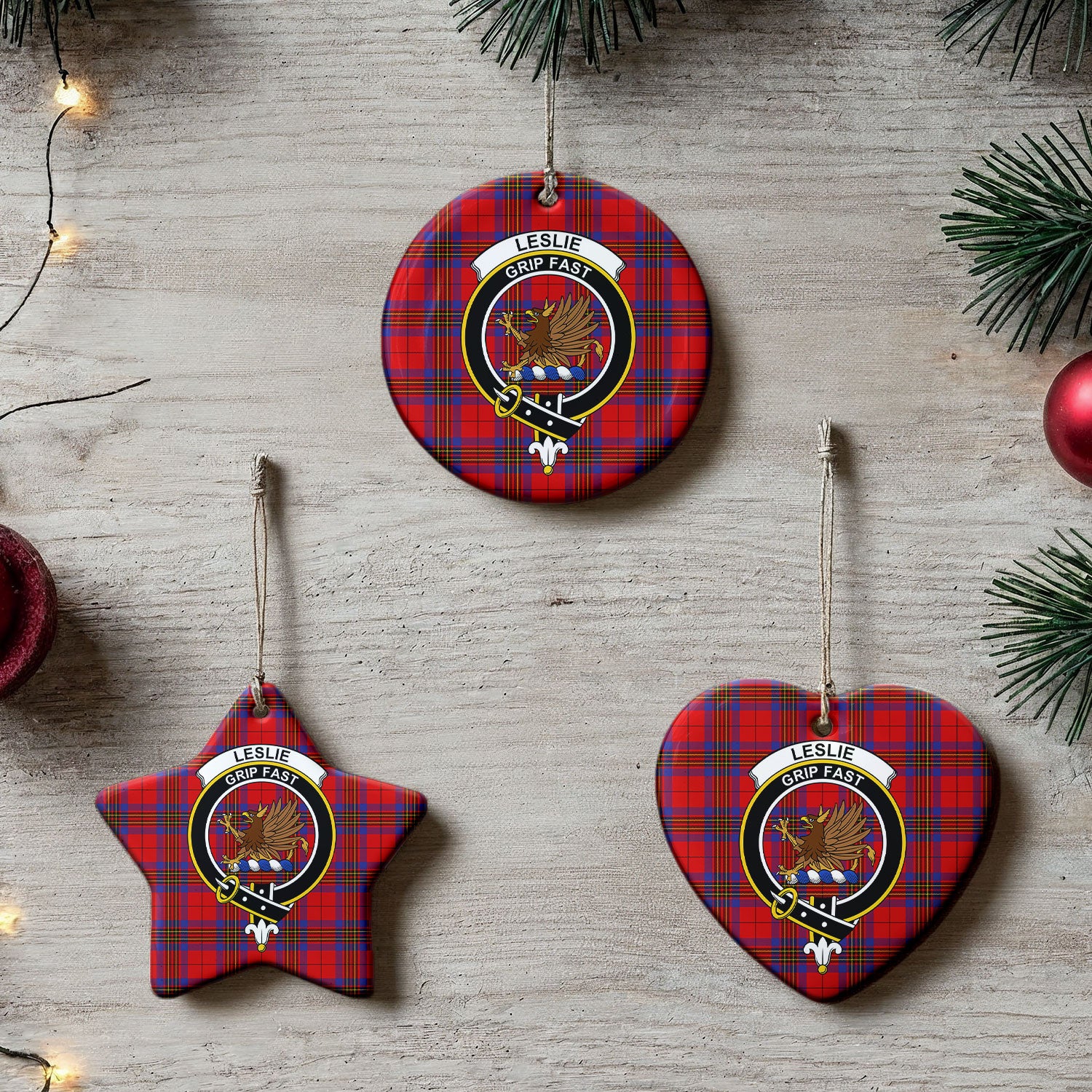 Leslie Modern Tartan Crest Christmas Ceramic Ornament