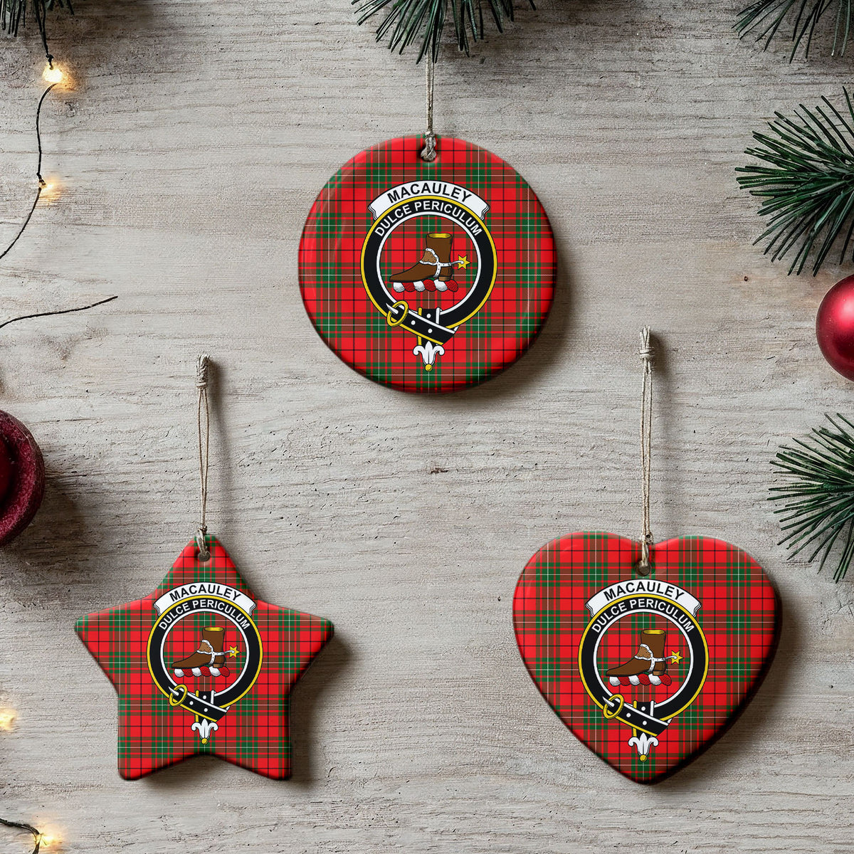 MacAuley Modern Tartan Crest Christmas Ceramic Ornament