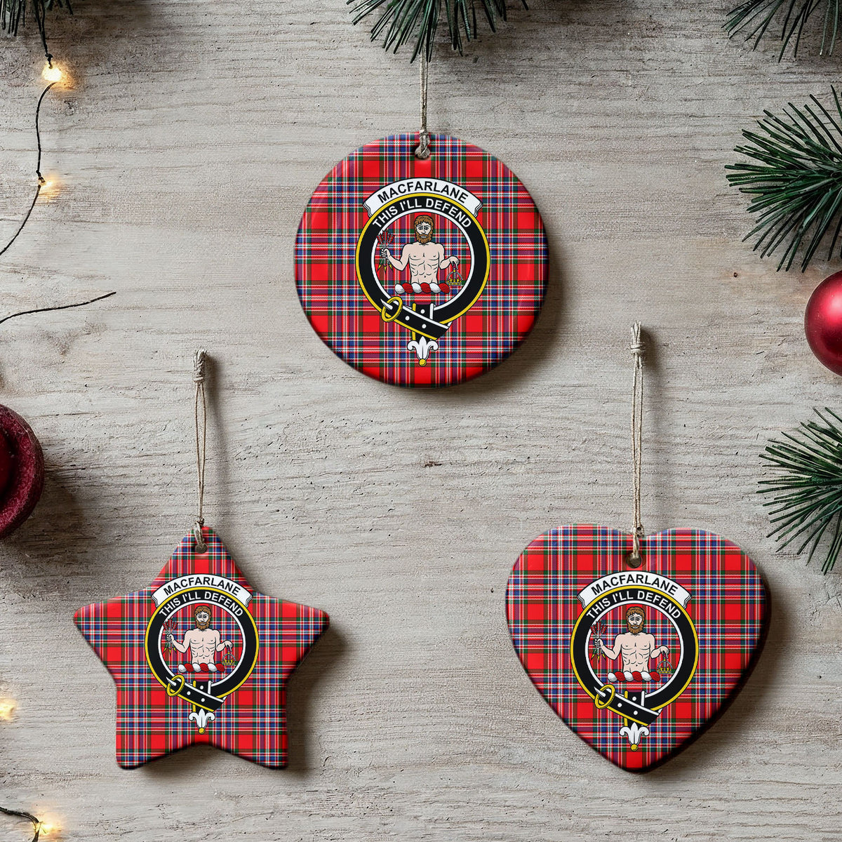 MacFarlane Modern Tartan Crest Christmas Ceramic Ornament