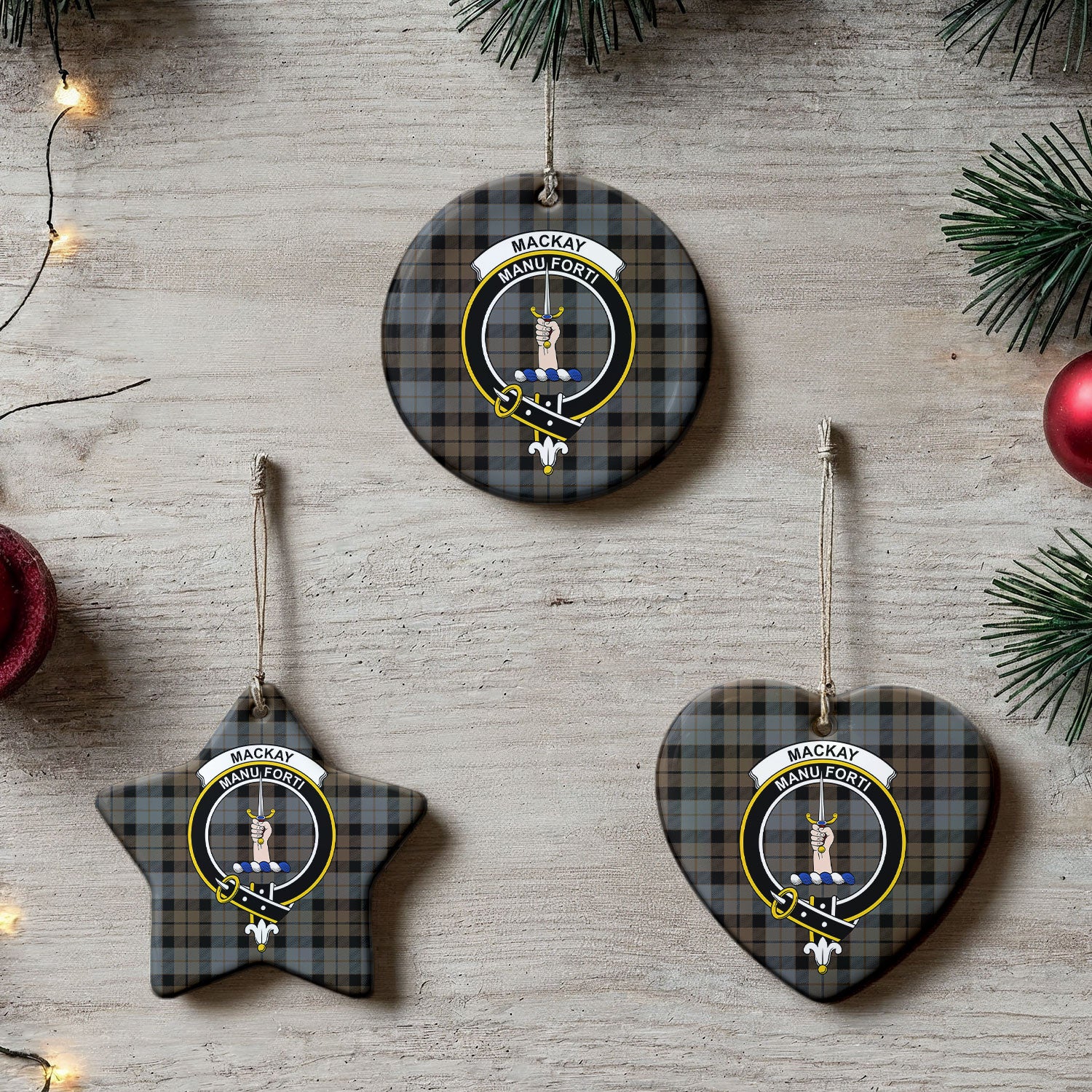 MacKay Weathered Tartan Crest Christmas Ceramic Ornament