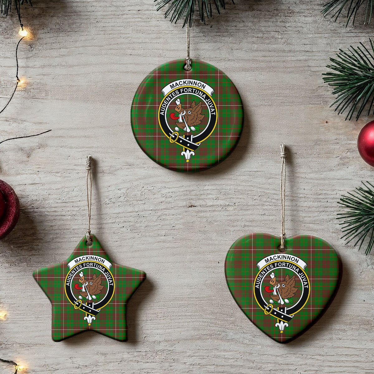 MacKinnon Hunting Modern Tartan Crest Christmas Ceramic Ornament