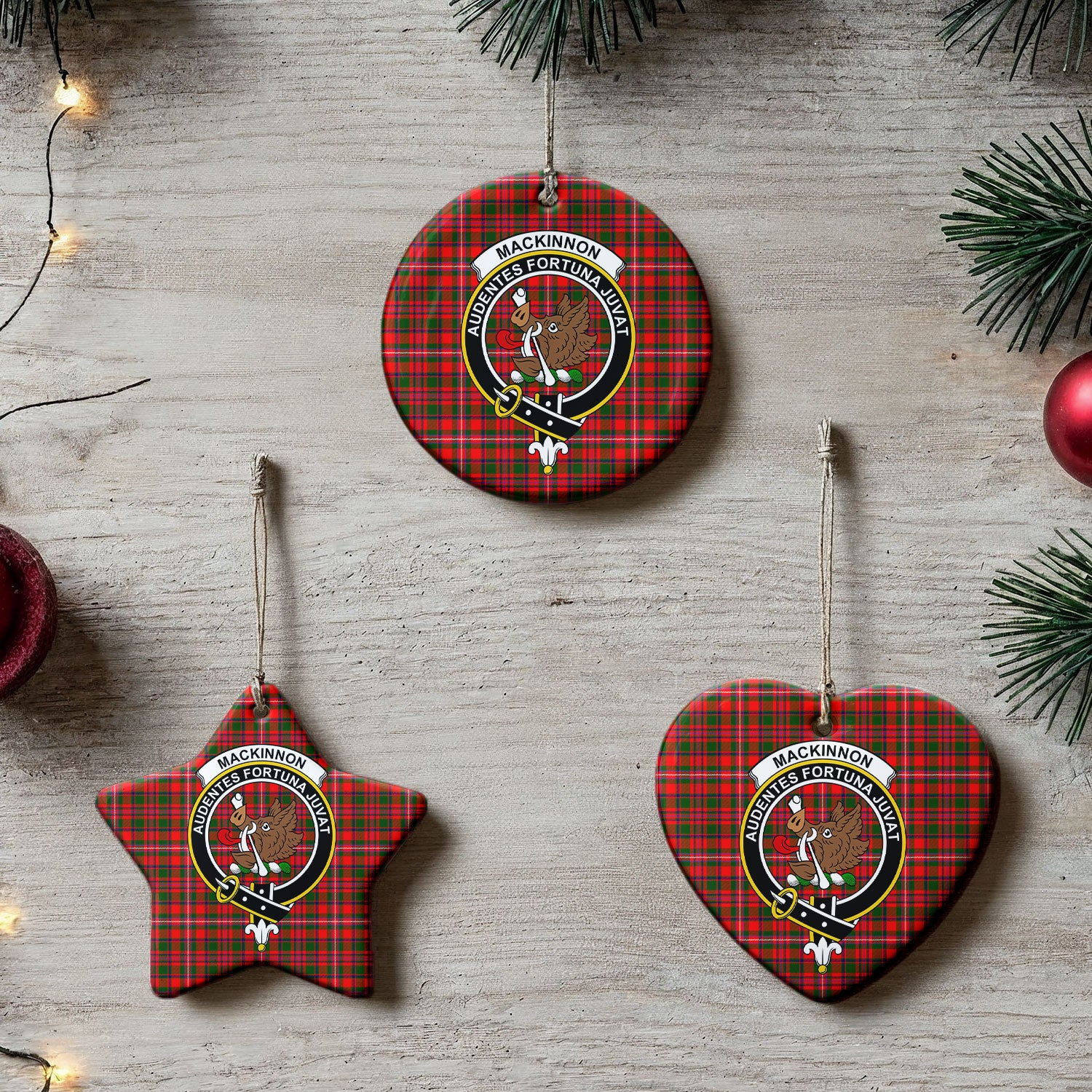 MacKinnon Modern Tartan Crest Christmas Ceramic Ornament
