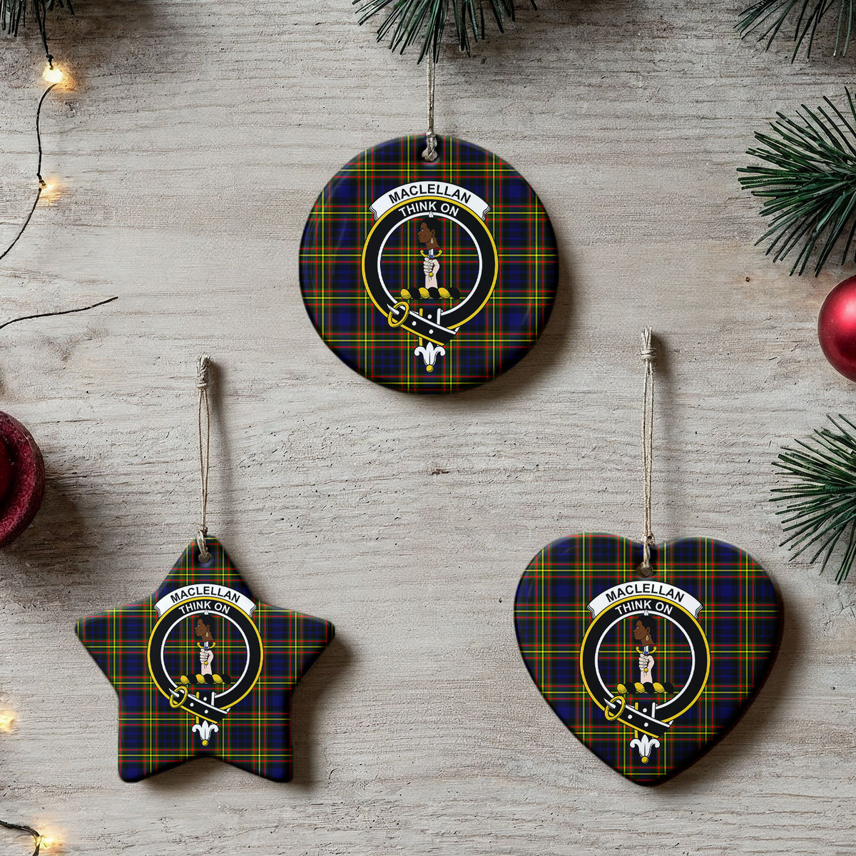 MacLellan Modern Tartan Crest Christmas Ceramic Ornament