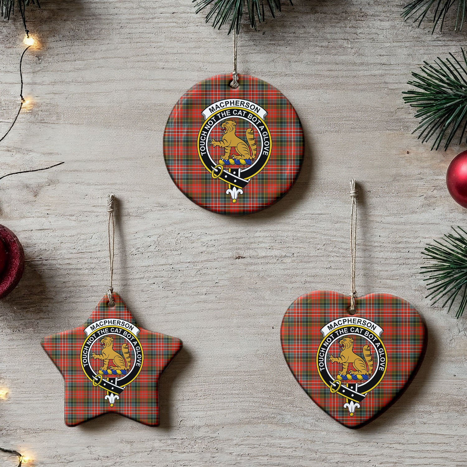 MacPherson Weathered Tartan Crest Christmas Ceramic Ornament