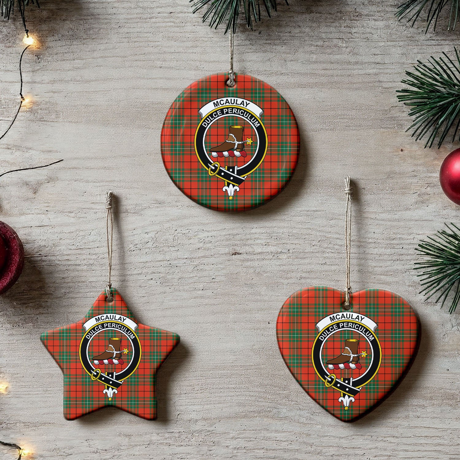 McAulay Ancient Tartan Crest Christmas Ceramic Ornament