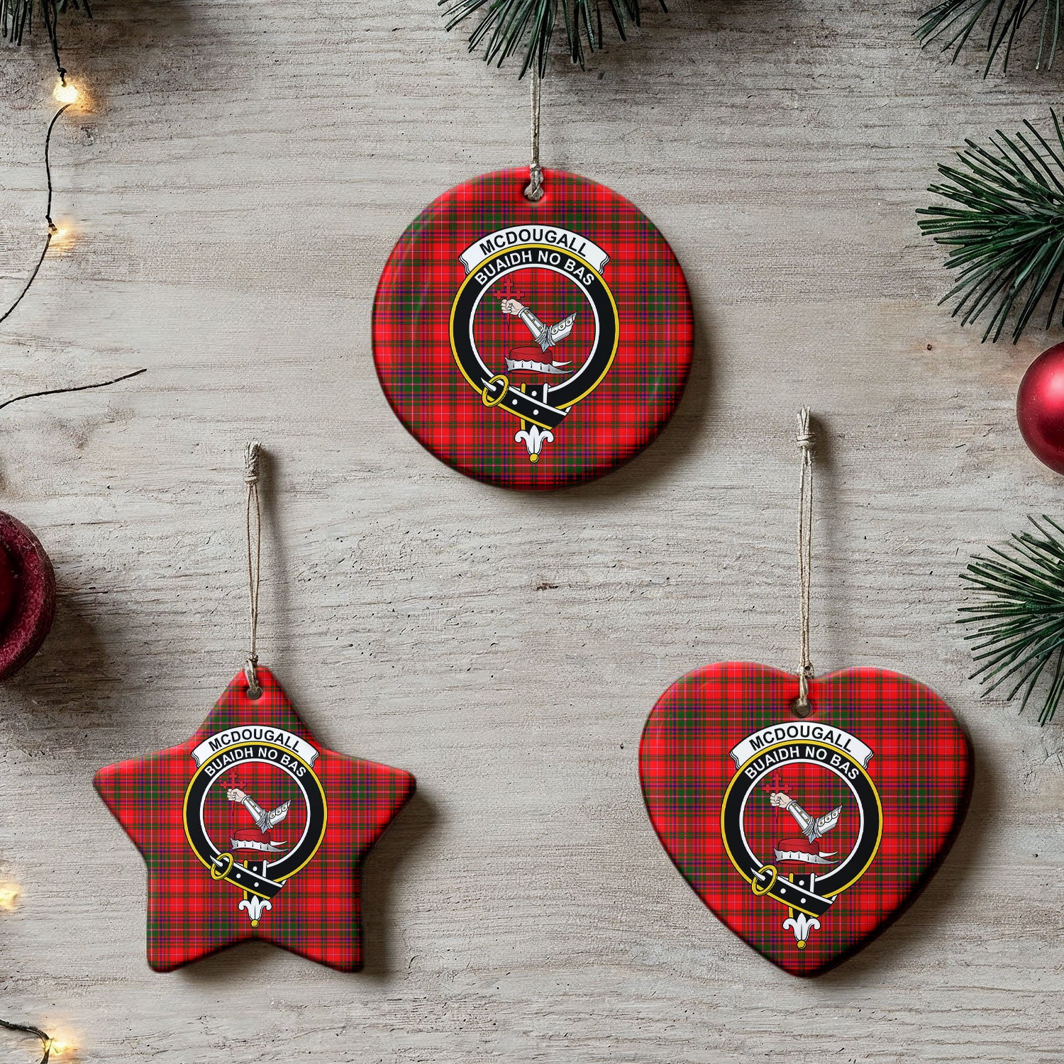 McDougall Modern Tartan Crest Christmas Ceramic Ornament