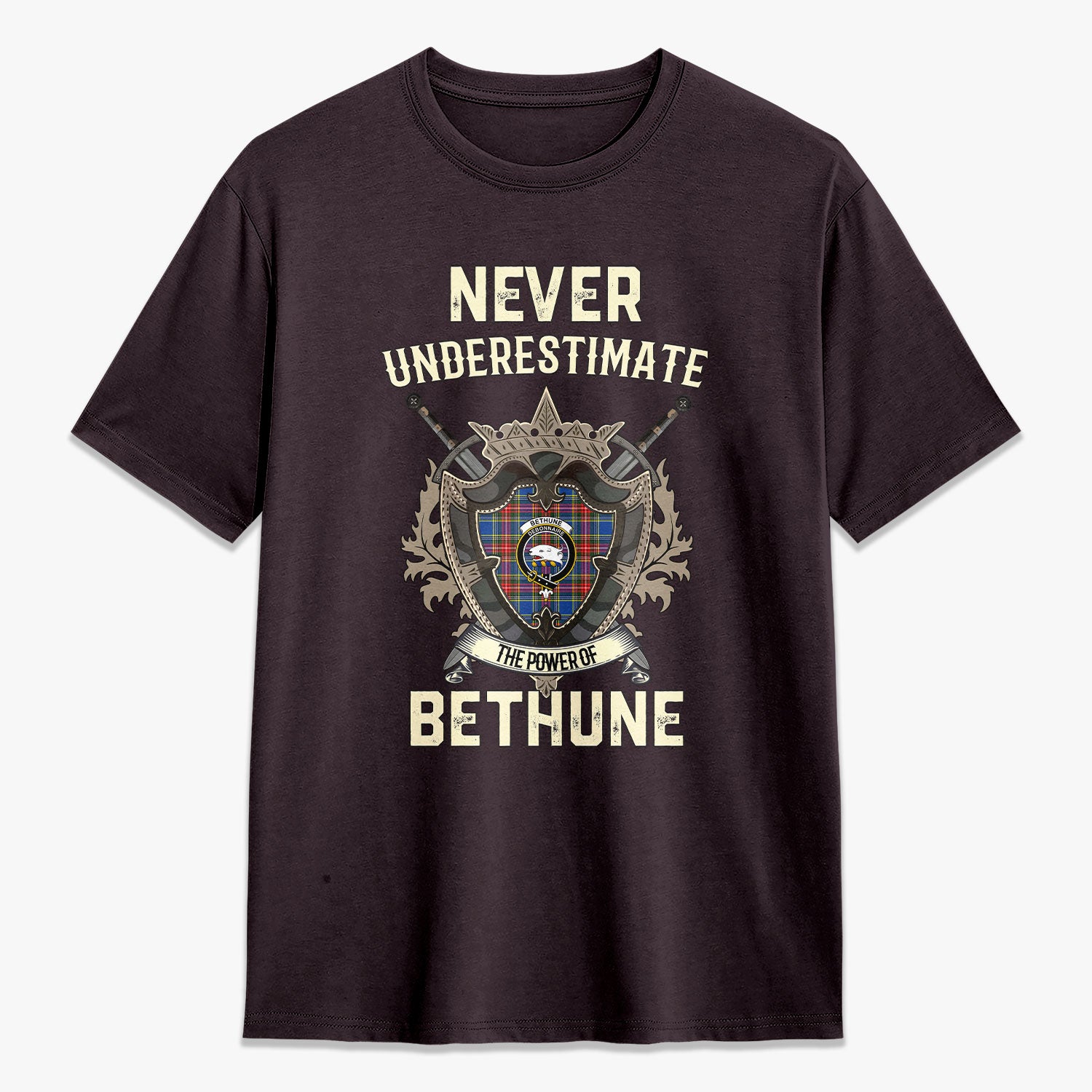 Bethune Modern Tartan Crest 2D T-shirt - Never Underestimate Style
