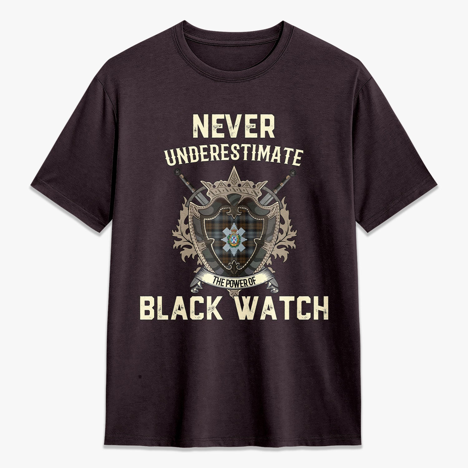 Black Watch Weathered Tartan Crest 2D T-shirt - Never Underestimate Style