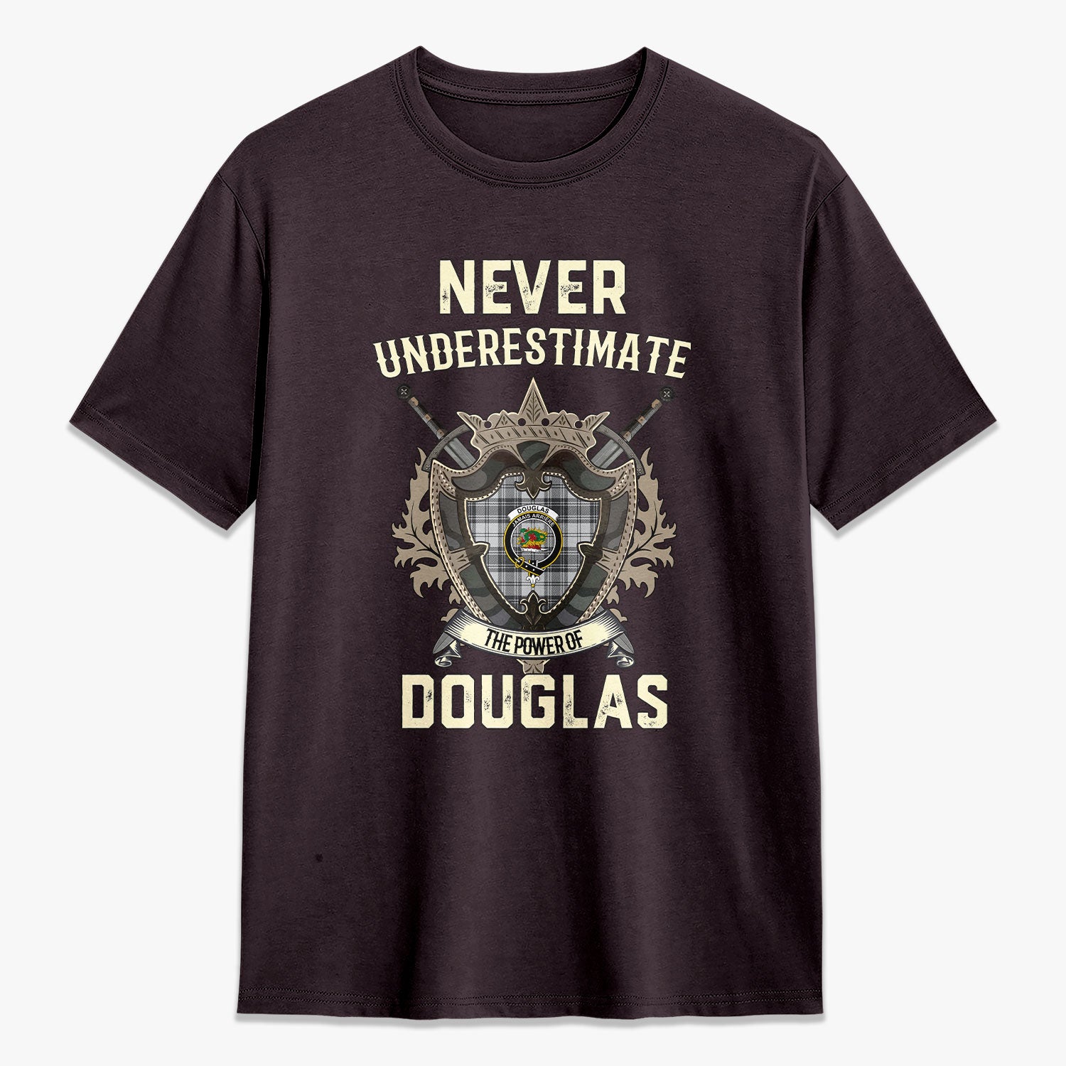 Douglas Grey Modern Tartan Crest 2D T-shirt - Never Underestimate Style