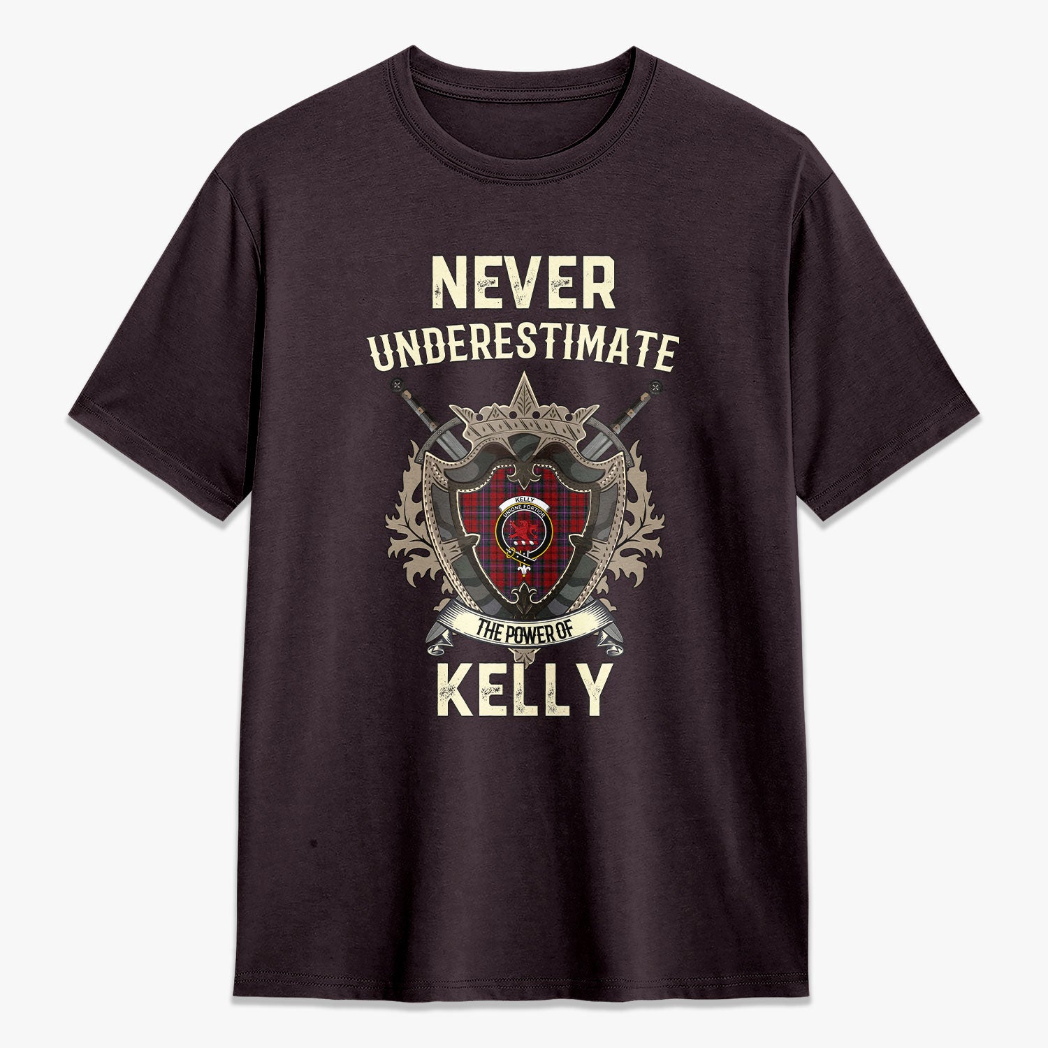 Kelly of Sleat Red Tartan Crest 2D T-shirt - Never Underestimate Style