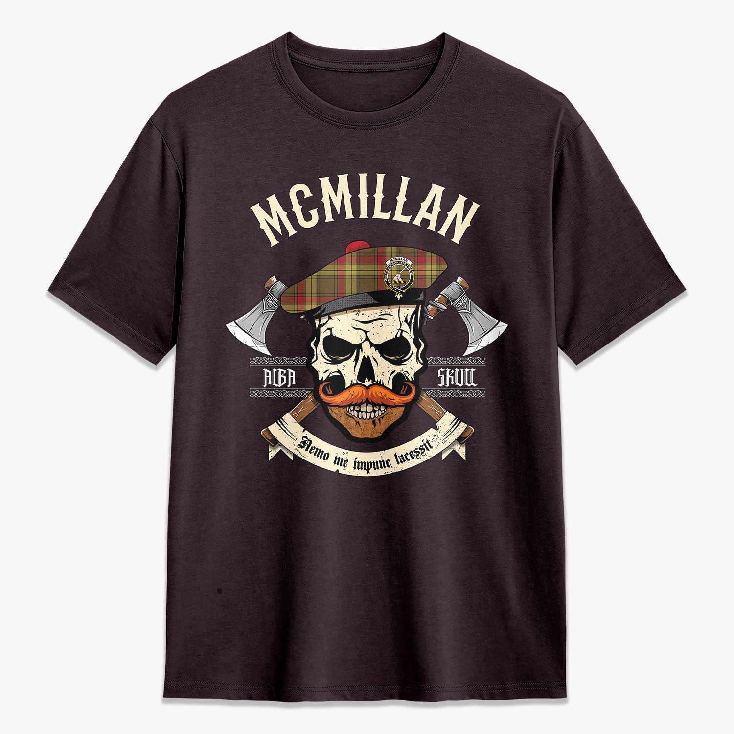 McMillan Old Weathered Tartan Crest 2D T-shirt - Alba Skull Style
