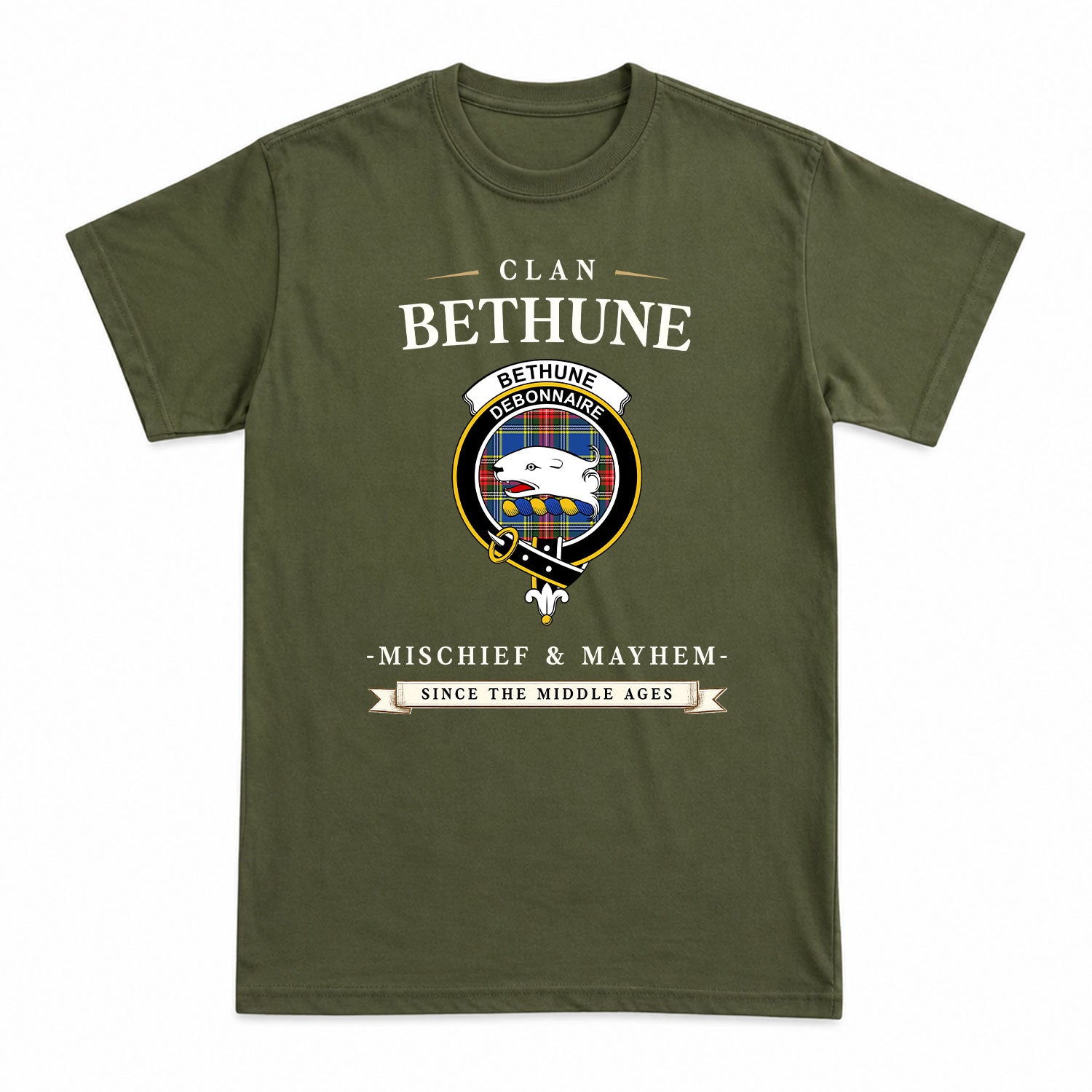 Bethune Modern Tartan Crest Mischief and Mayhem T-shirt