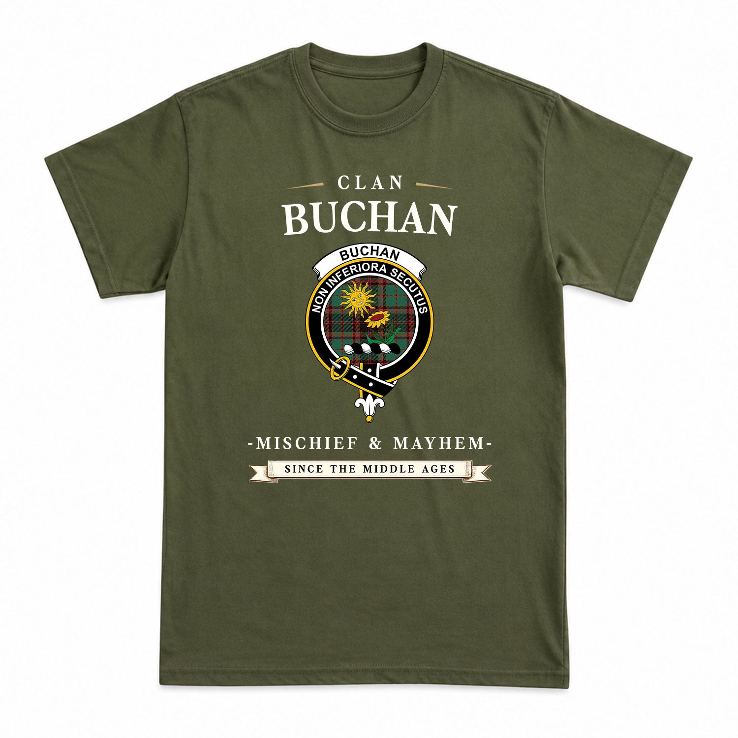 Buchan Ancient Tartan Crest Mischief and Mayhem T-shirt