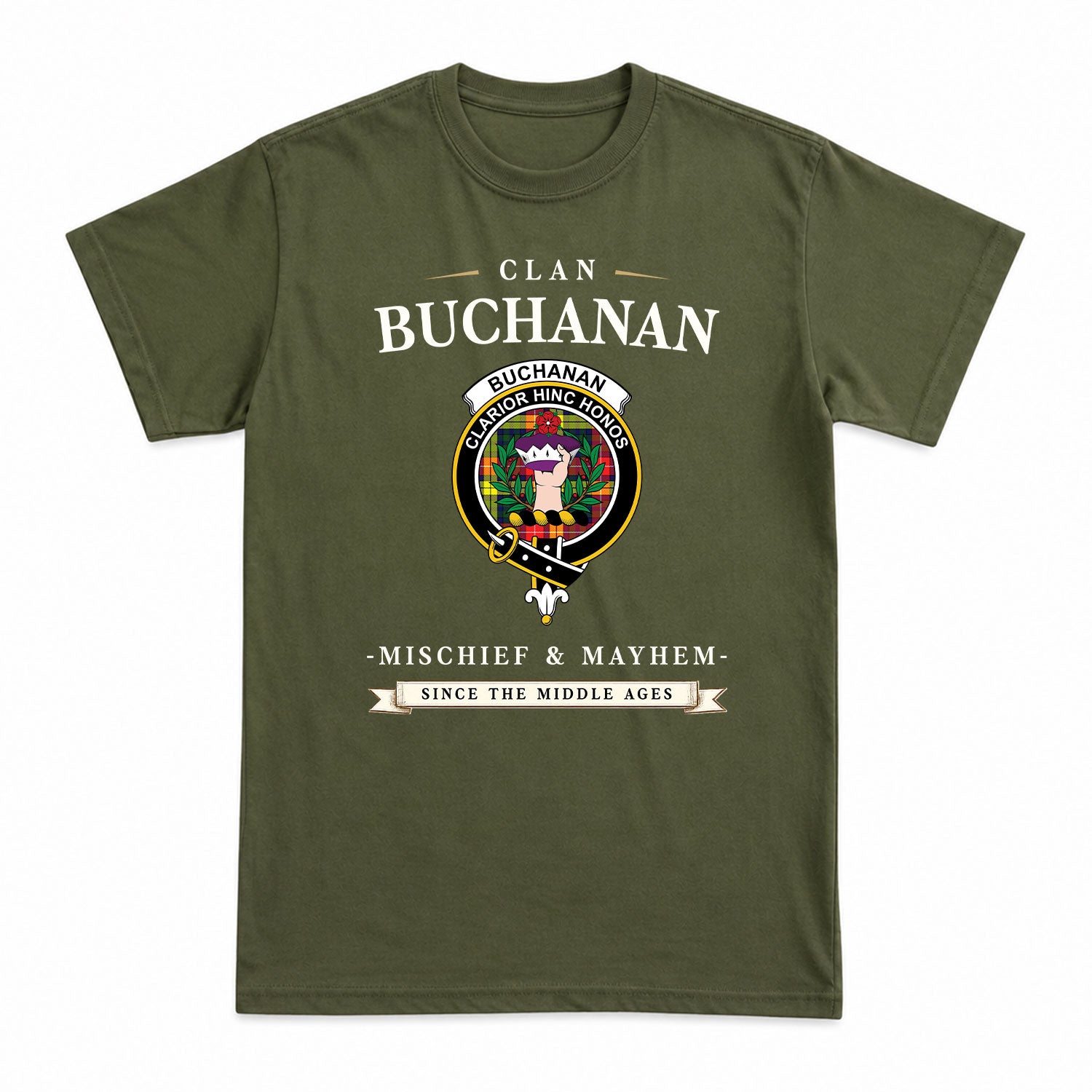 Buchanan Modern Tartan Crest Mischief and Mayhem T-shirt