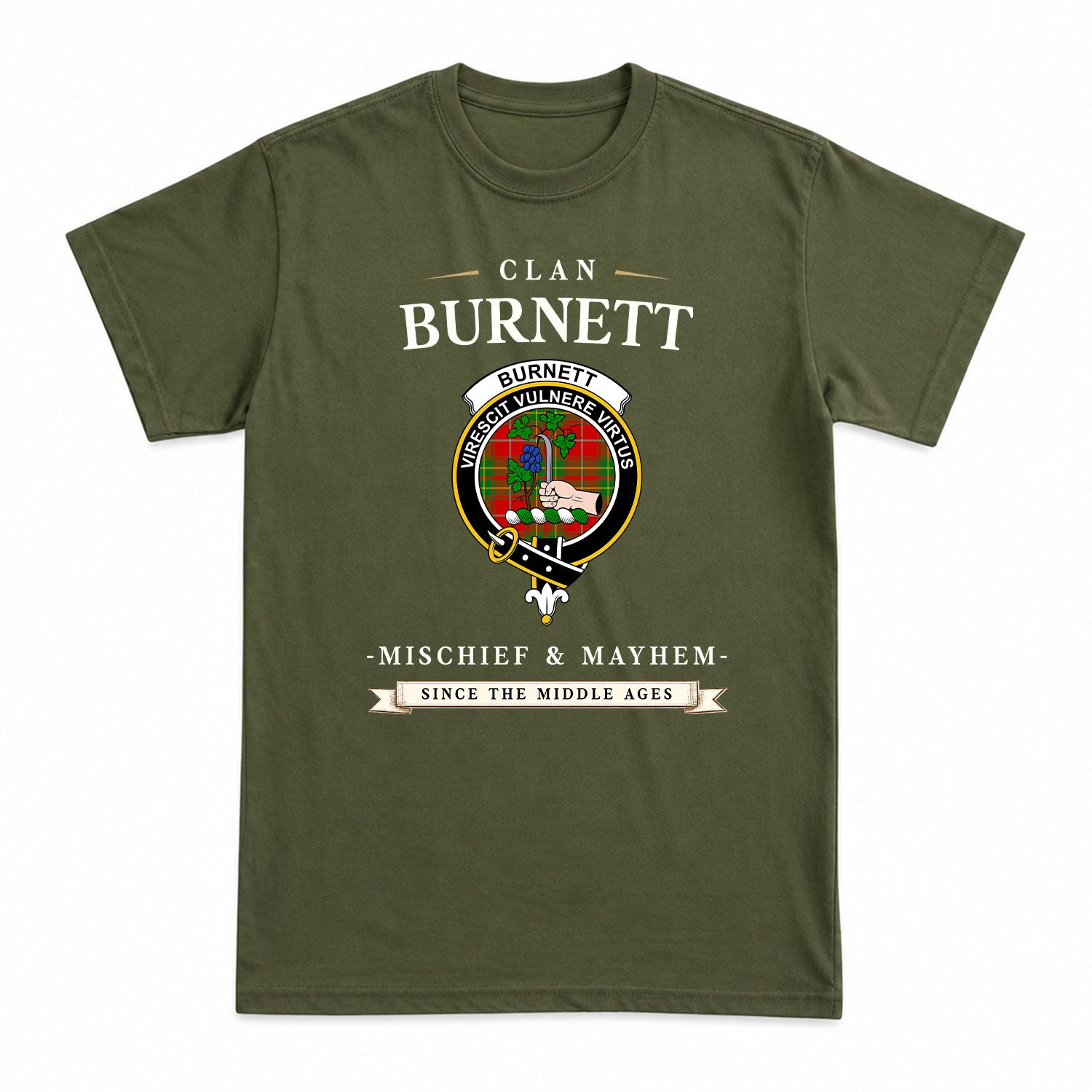 Burnett Ancient Tartan Crest Mischief and Mayhem T-shirt