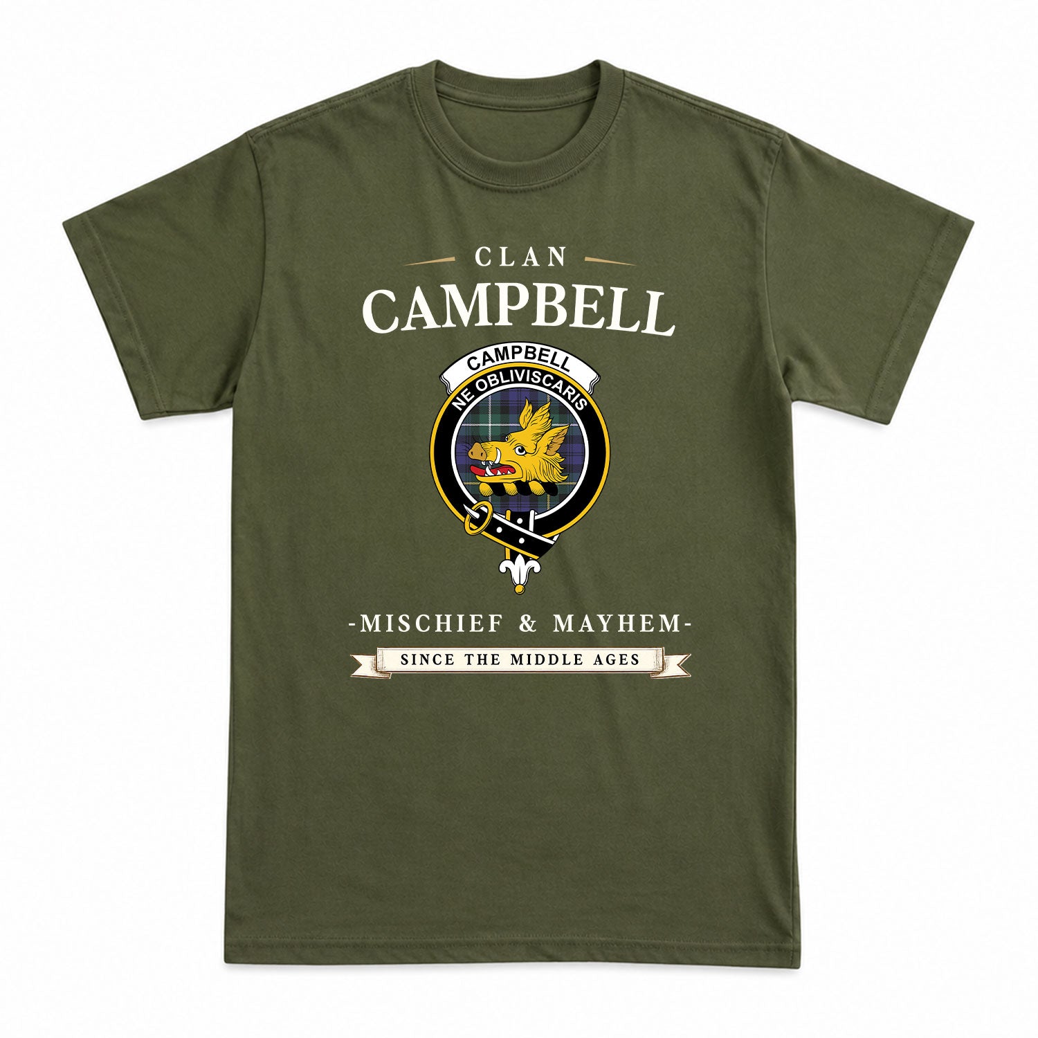 Campbell Argyll Modern Tartan Crest Mischief and Mayhem T-shirt