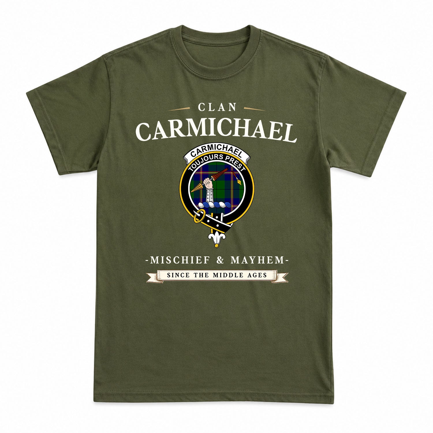 Carmichael Modern Tartan Crest Mischief and Mayhem T-shirt