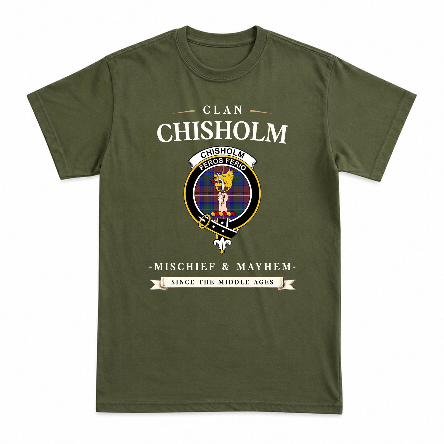 Chisholm Hunting Modern Tartan Crest Mischief and Mayhem T-shirt