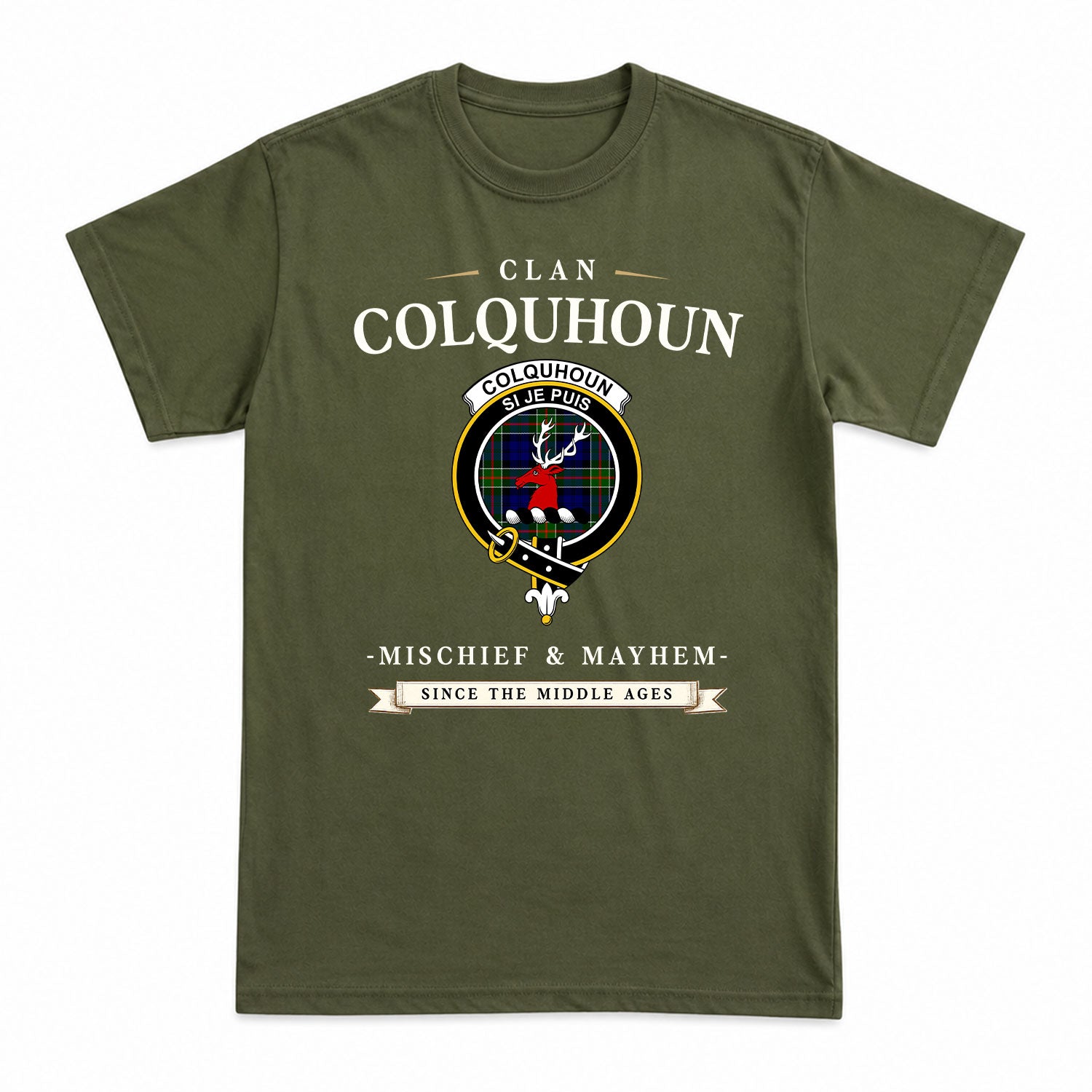 Colquhoun Modern Tartan Crest Mischief and Mayhem T-shirt
