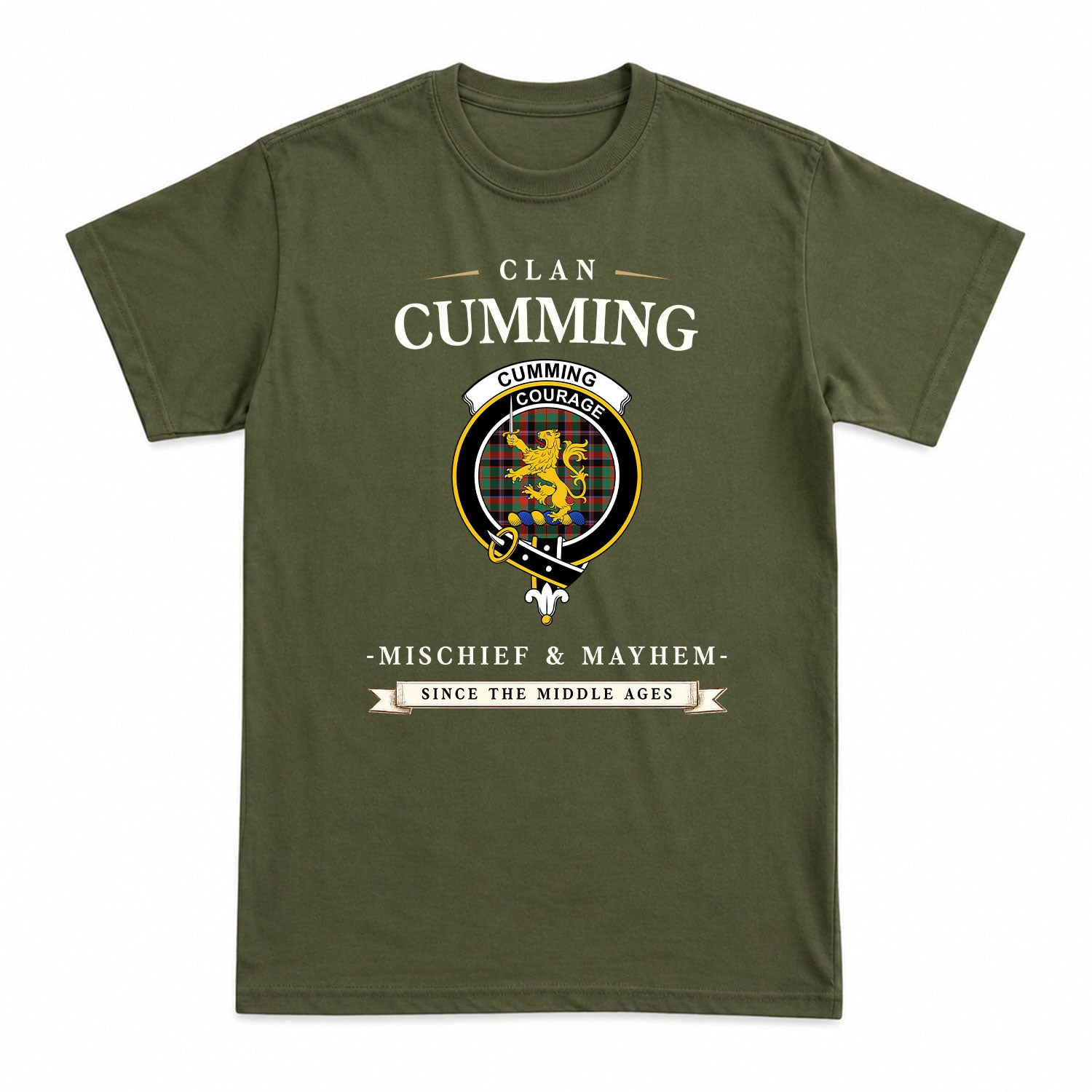 Cumming Hunting Ancient Tartan Crest Mischief and Mayhem T-shirt