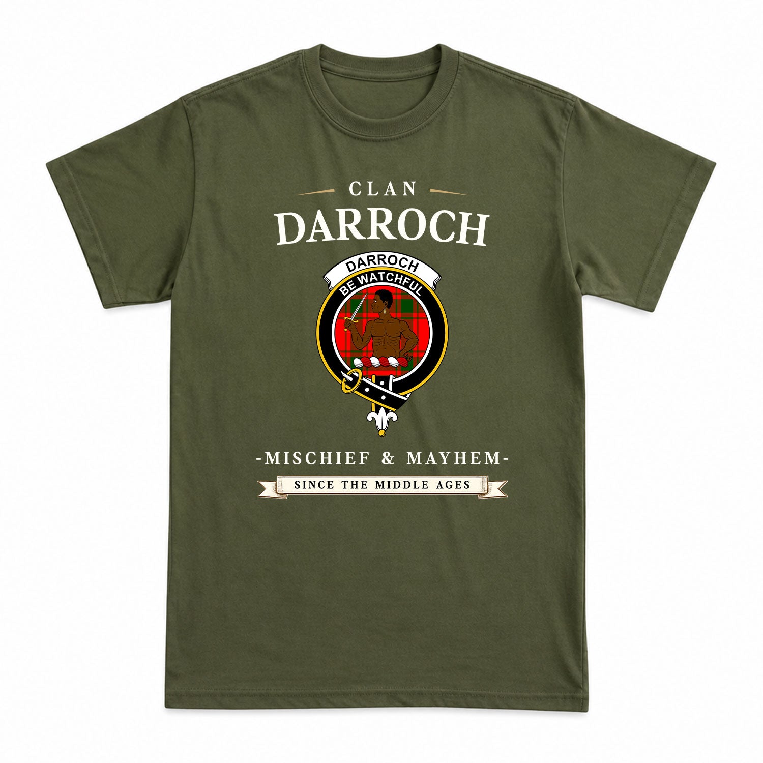 Darroch (Gourock) Tartan Crest Mischief and Mayhem T-shirt