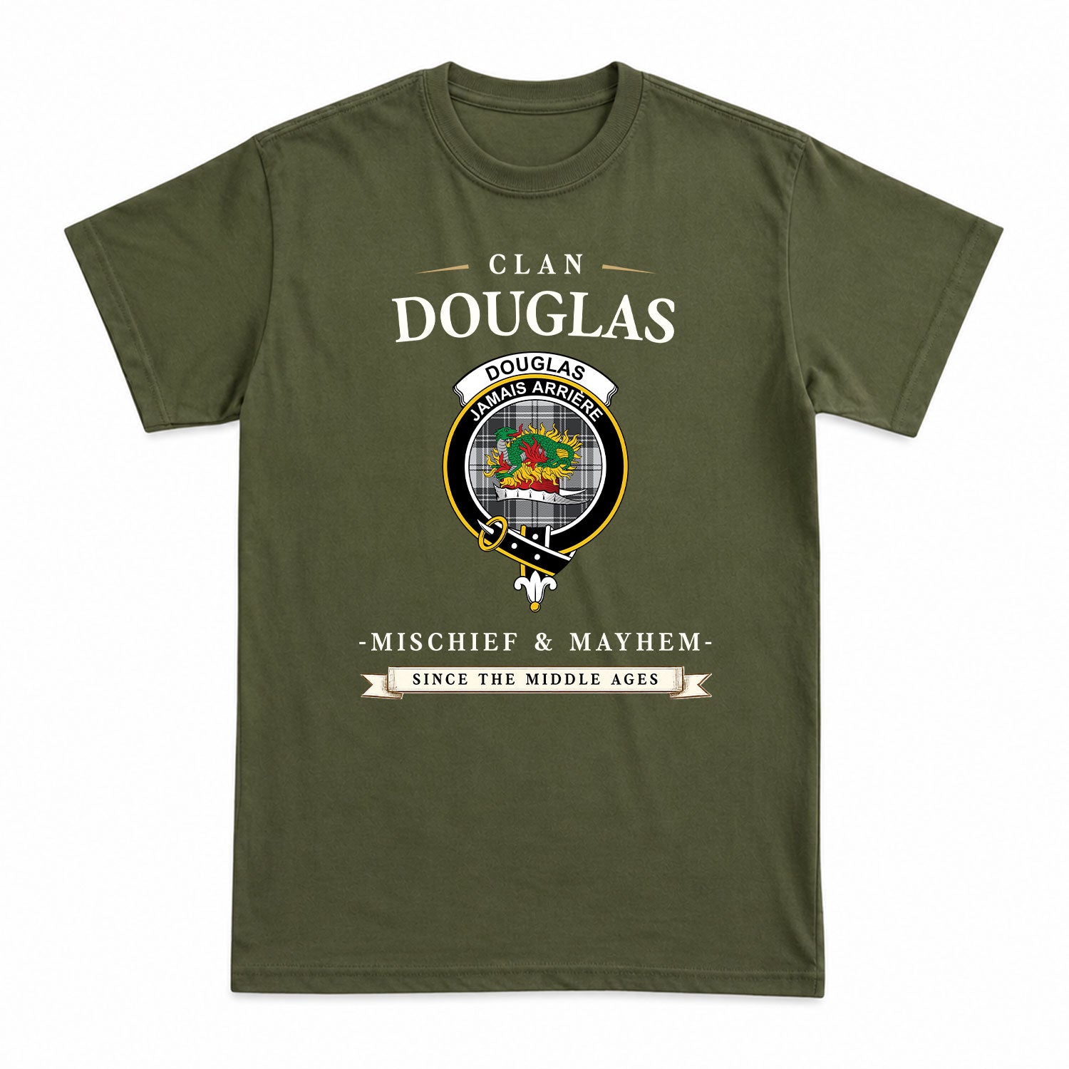 Douglas Grey Modern Tartan Crest Mischief and Mayhem T-shirt