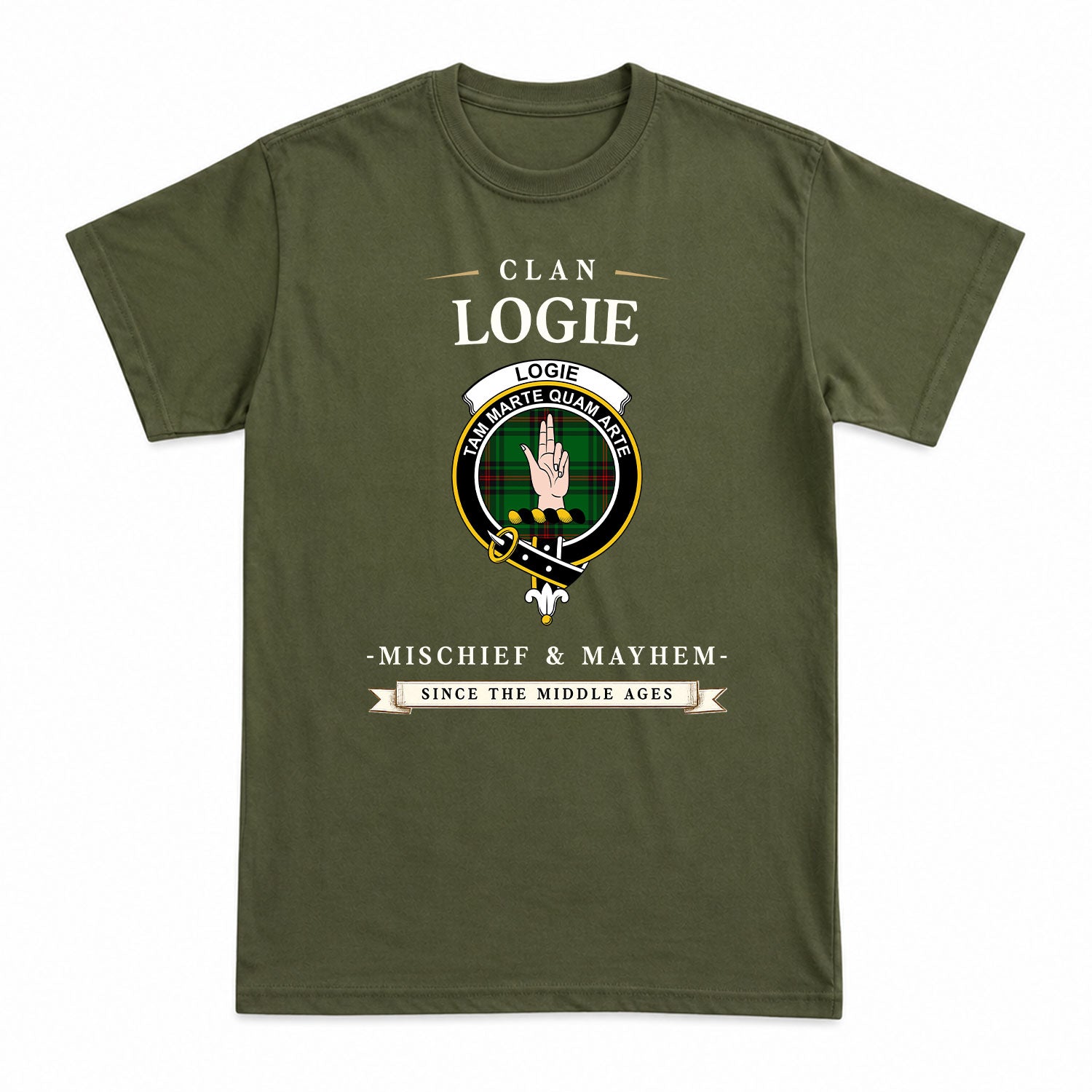 Logie Tartan Crest Mischief and Mayhem T-shirt