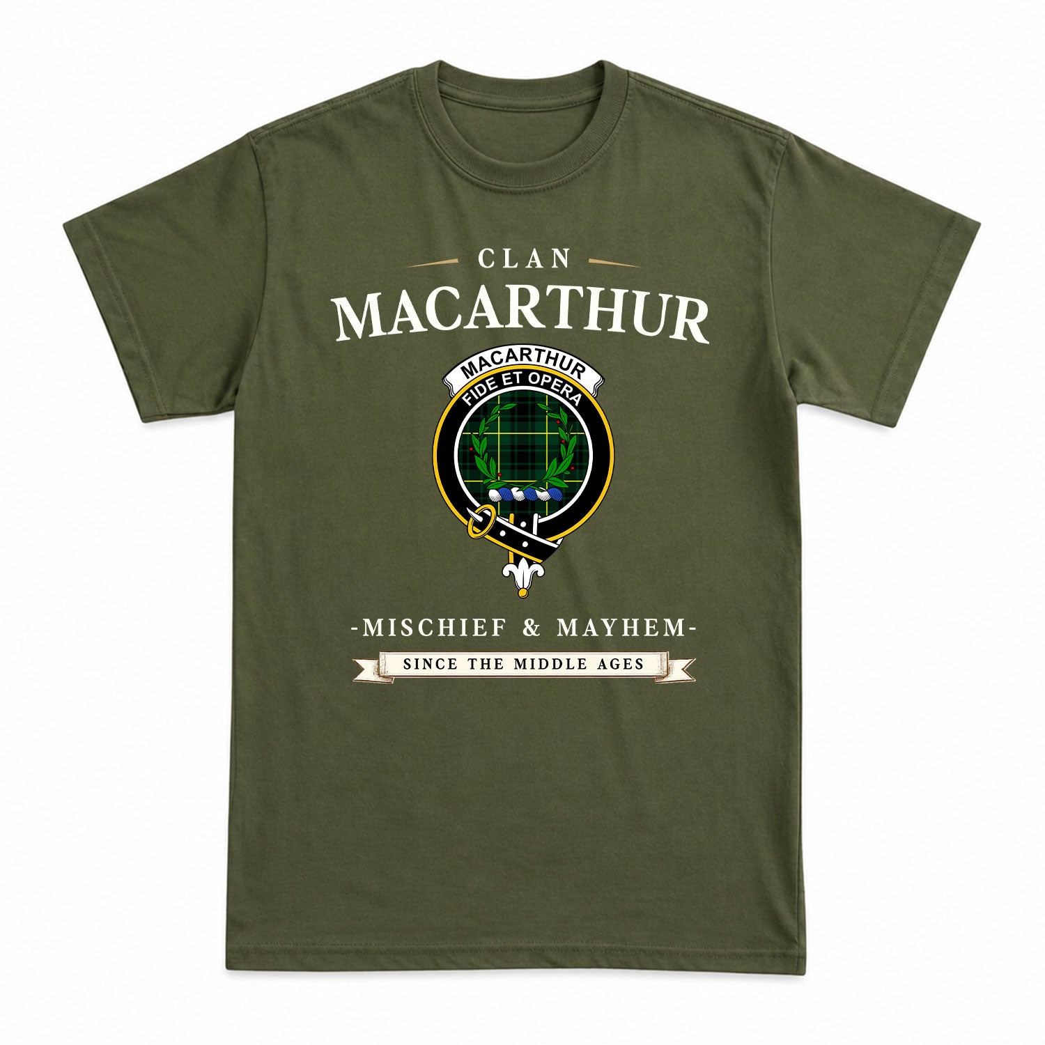 MacArthur Modern Tartan Crest Mischief and Mayhem T-shirt