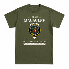 MacAuley Hunting Ancient Tartan Crest Mischief and Mayhem T-shirt