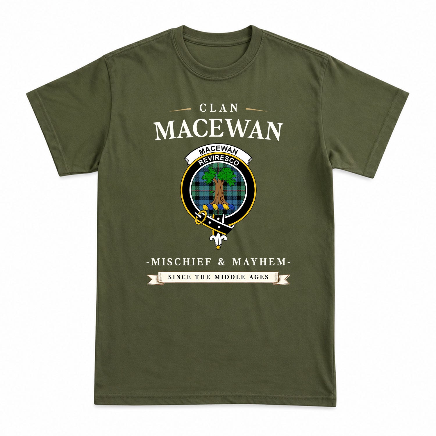 MacEwan Ancient Tartan Crest Mischief and Mayhem T-shirt