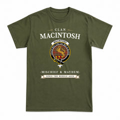MacIntosh Hunting Weathered Tartan Crest Mischief and Mayhem T-shirt