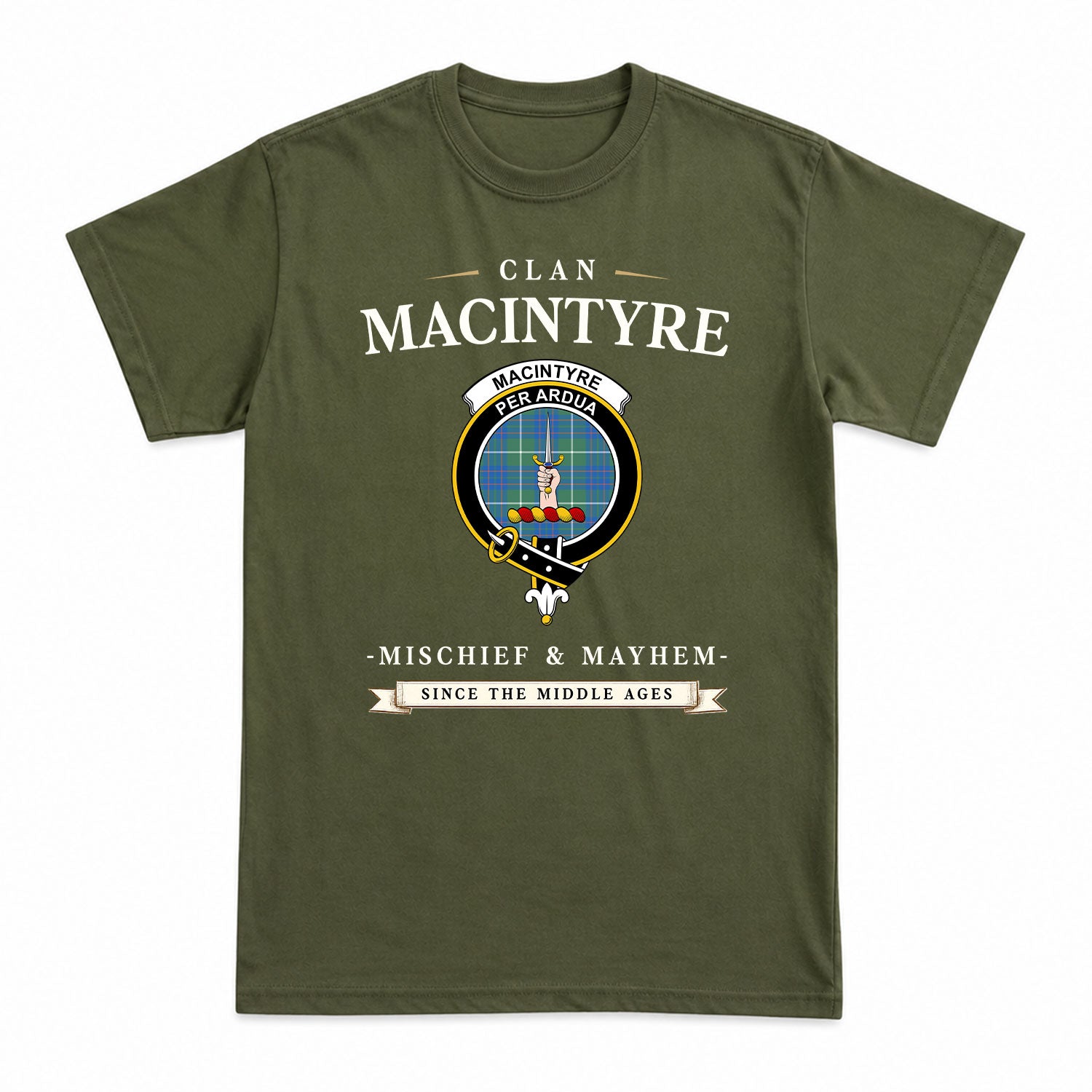 MacIntyre Hunting Ancient Tartan Crest Mischief and Mayhem T-shirt
