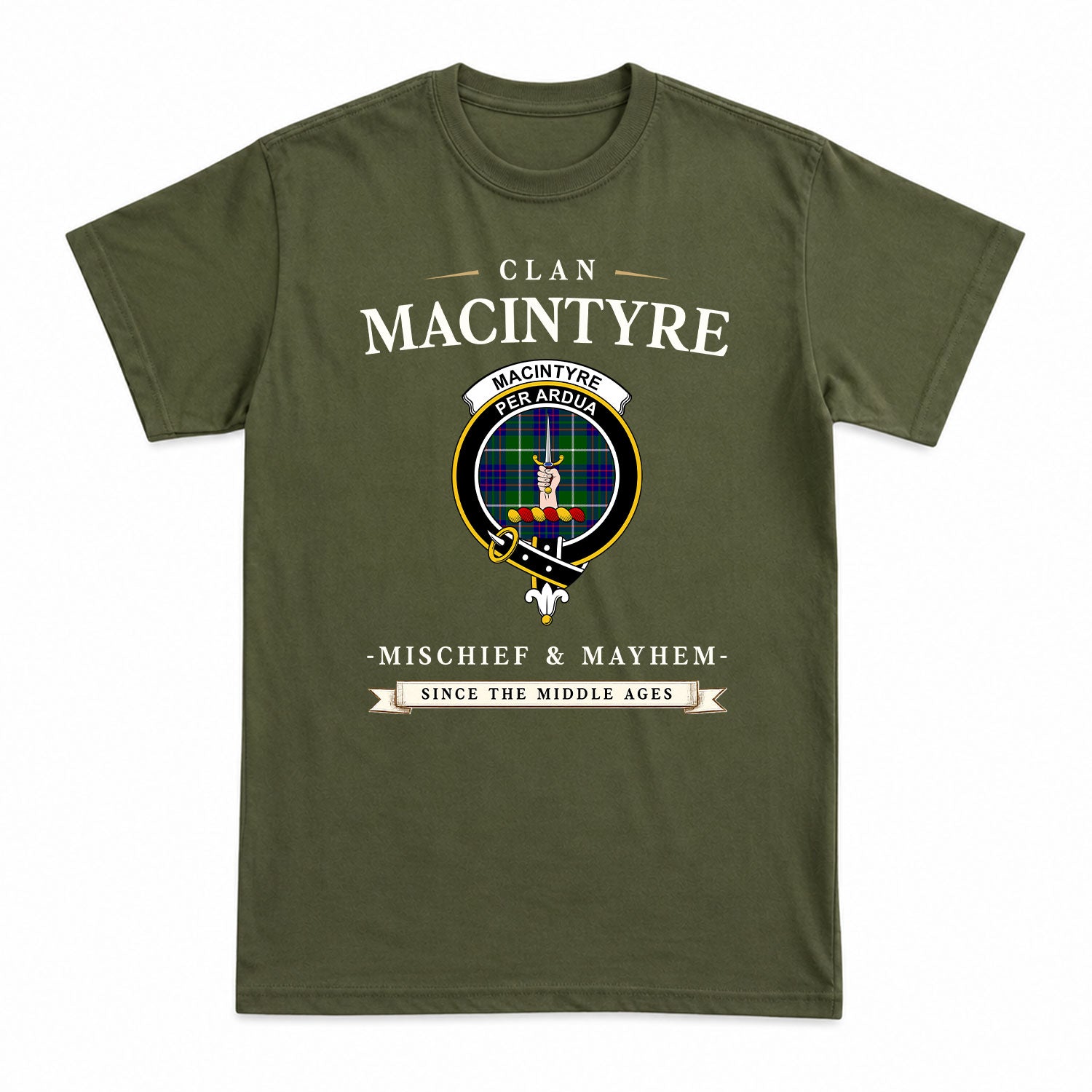MacIntyre Hunting Modern Tartan Crest Mischief and Mayhem T-shirt