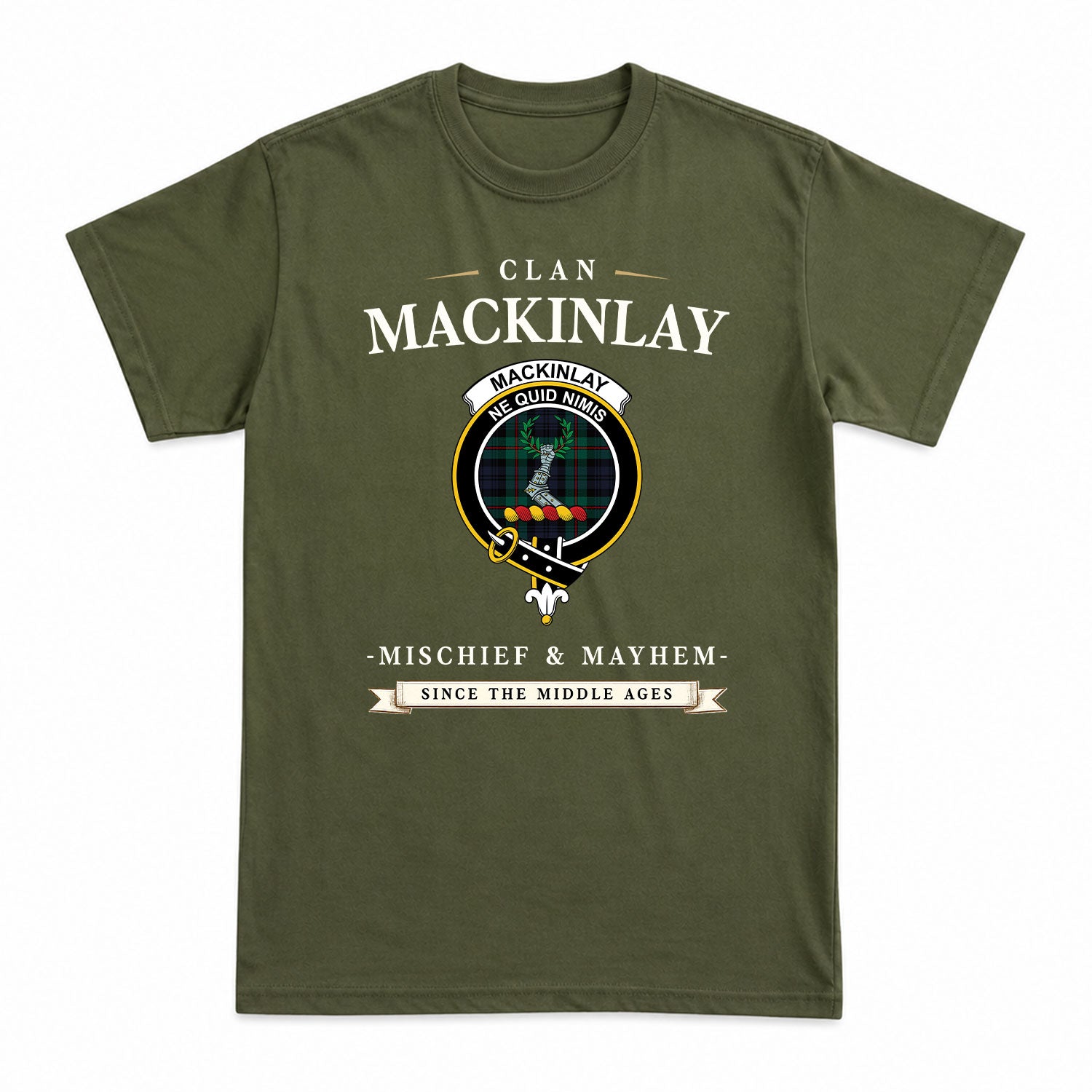 MacKinlay Modern Tartan Crest Mischief and Mayhem T-shirt