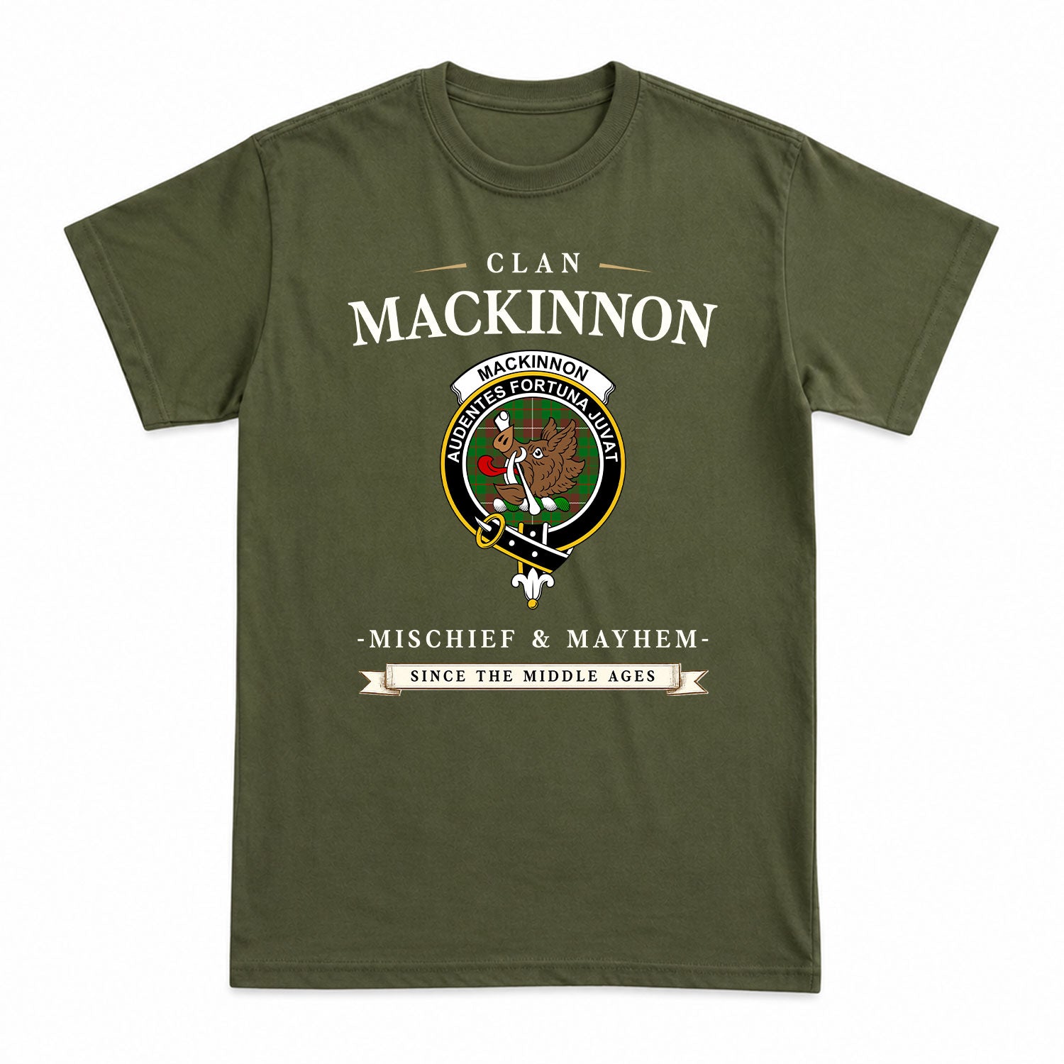 MacKinnon Hunting Modern Tartan Crest Mischief and Mayhem T-shirt