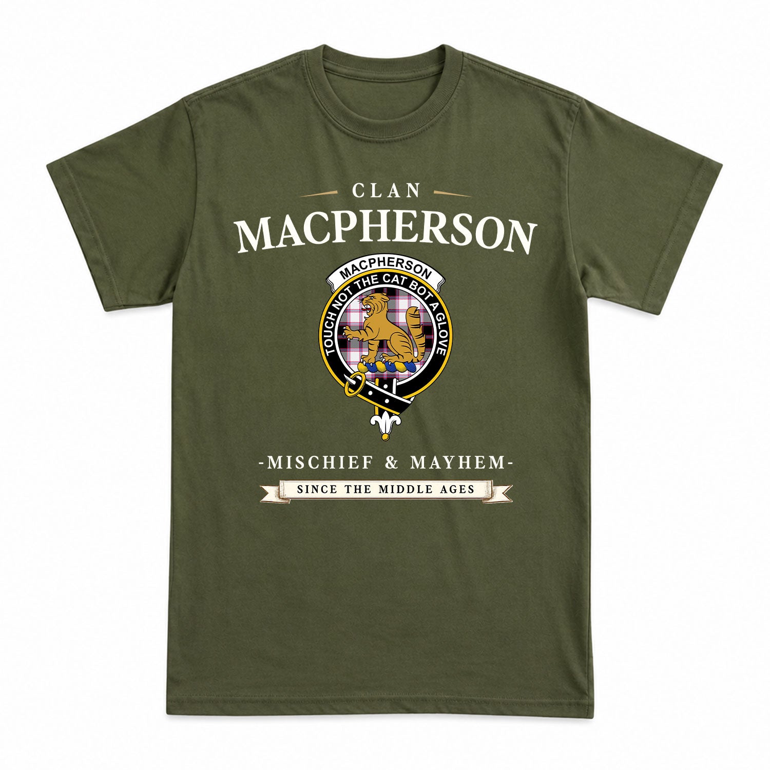 MacPherson Hunting Modern Tartan Crest Mischief and Mayhem T-shirt