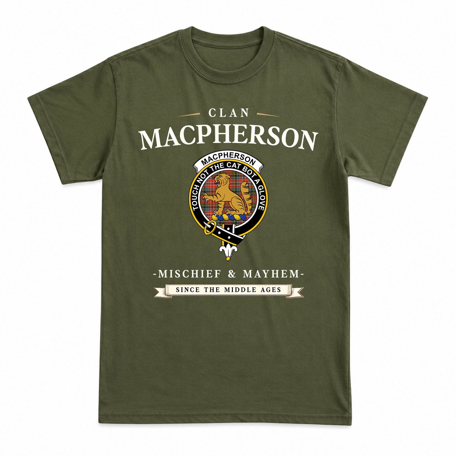 MacPherson Weathered Tartan Crest Mischief and Mayhem T-shirt