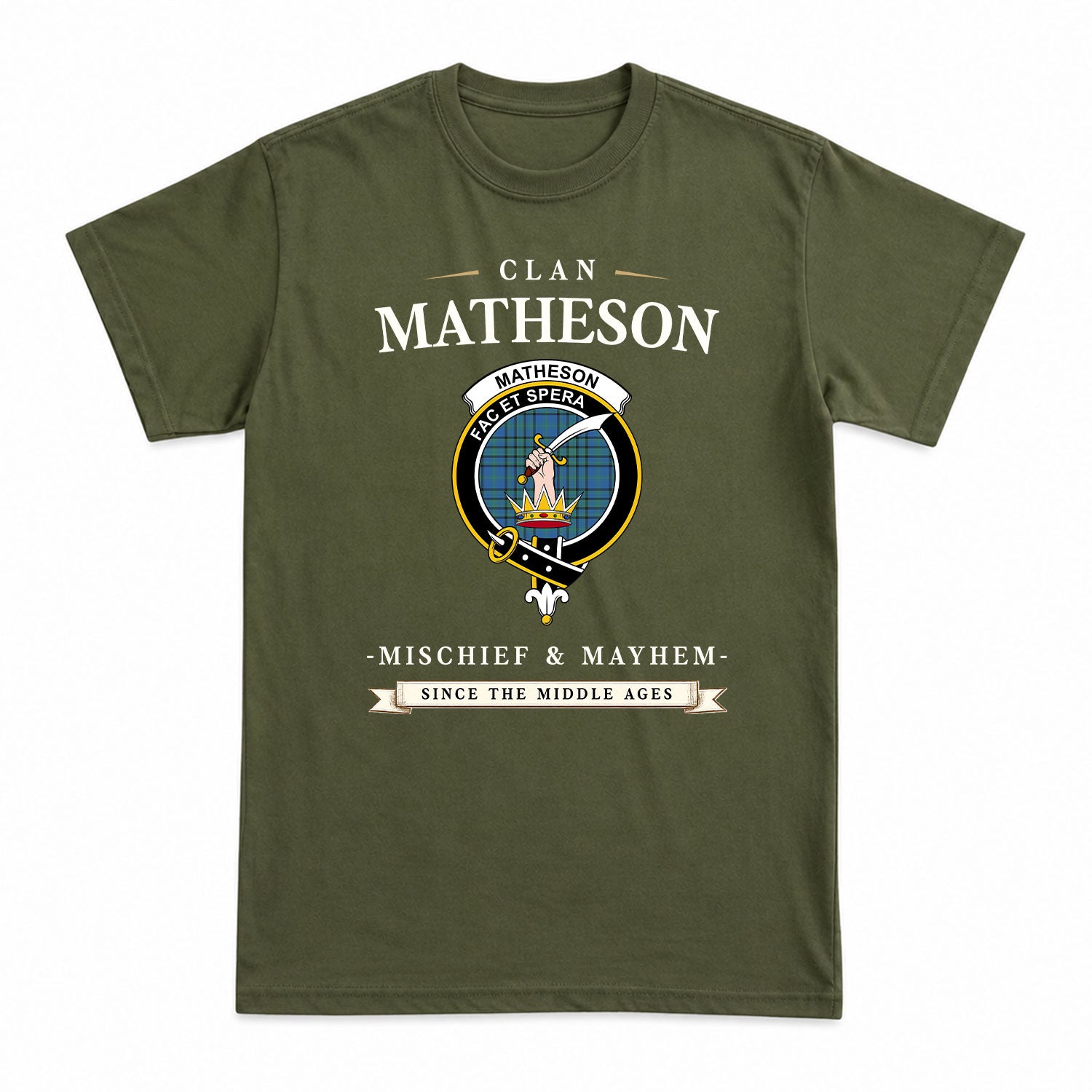 Matheson Hunting Ancient Tartan Crest Mischief and Mayhem T-shirt