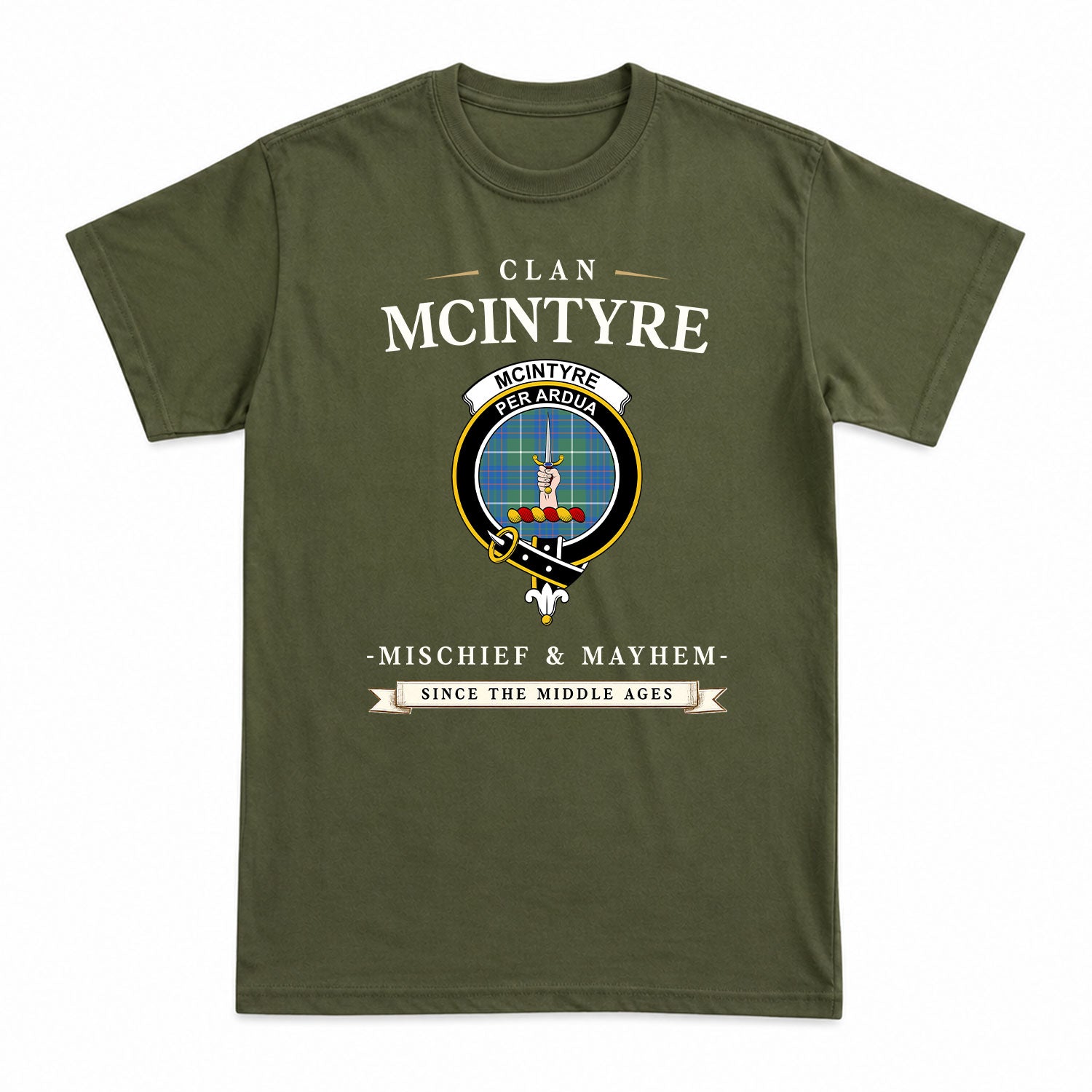 McIntyre Hunting Ancient Tartan Crest Mischief and Mayhem T-shirt