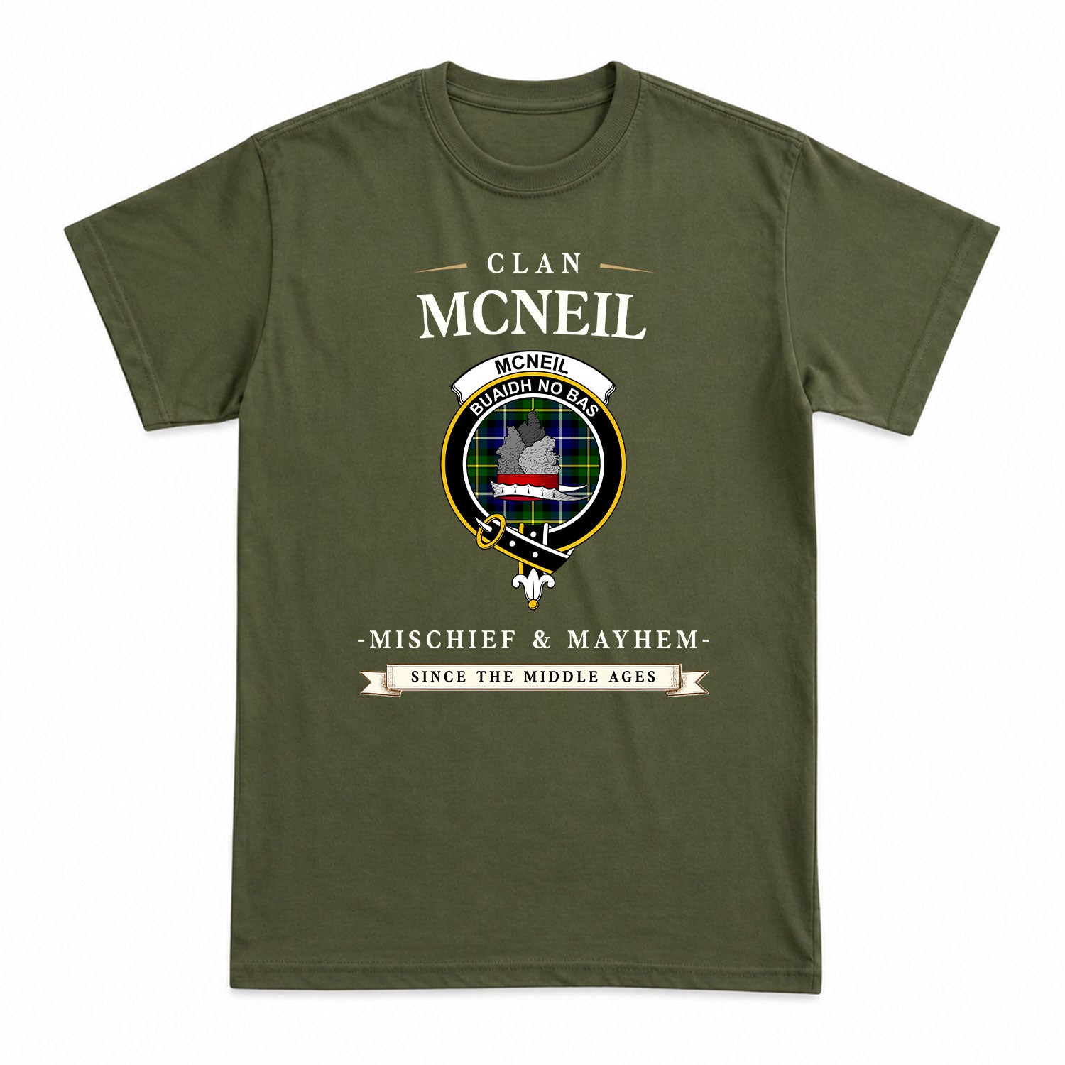 McNeil of Barra Modern Tartan Crest Mischief and Mayhem T-shirt