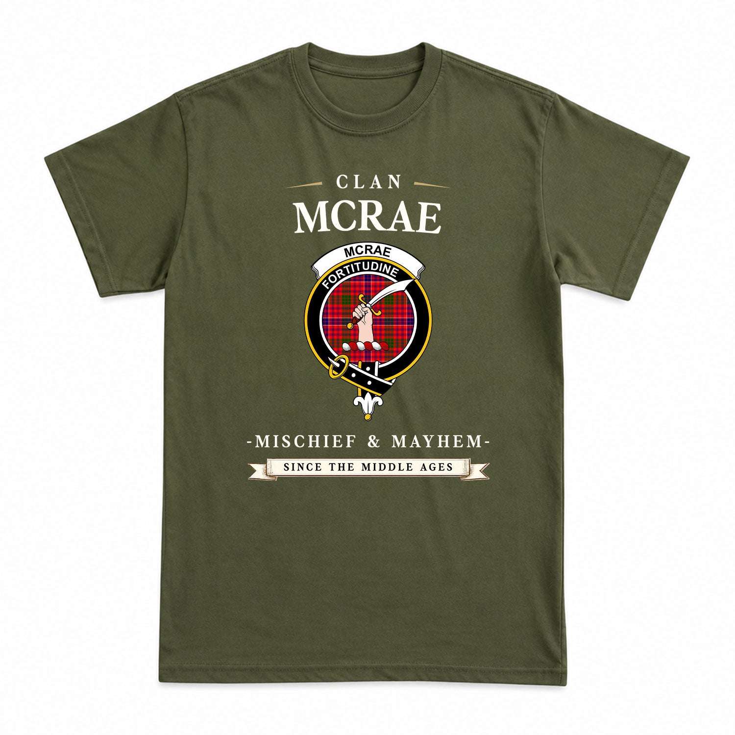 McRae Modern Tartan Crest Mischief and Mayhem T-shirt