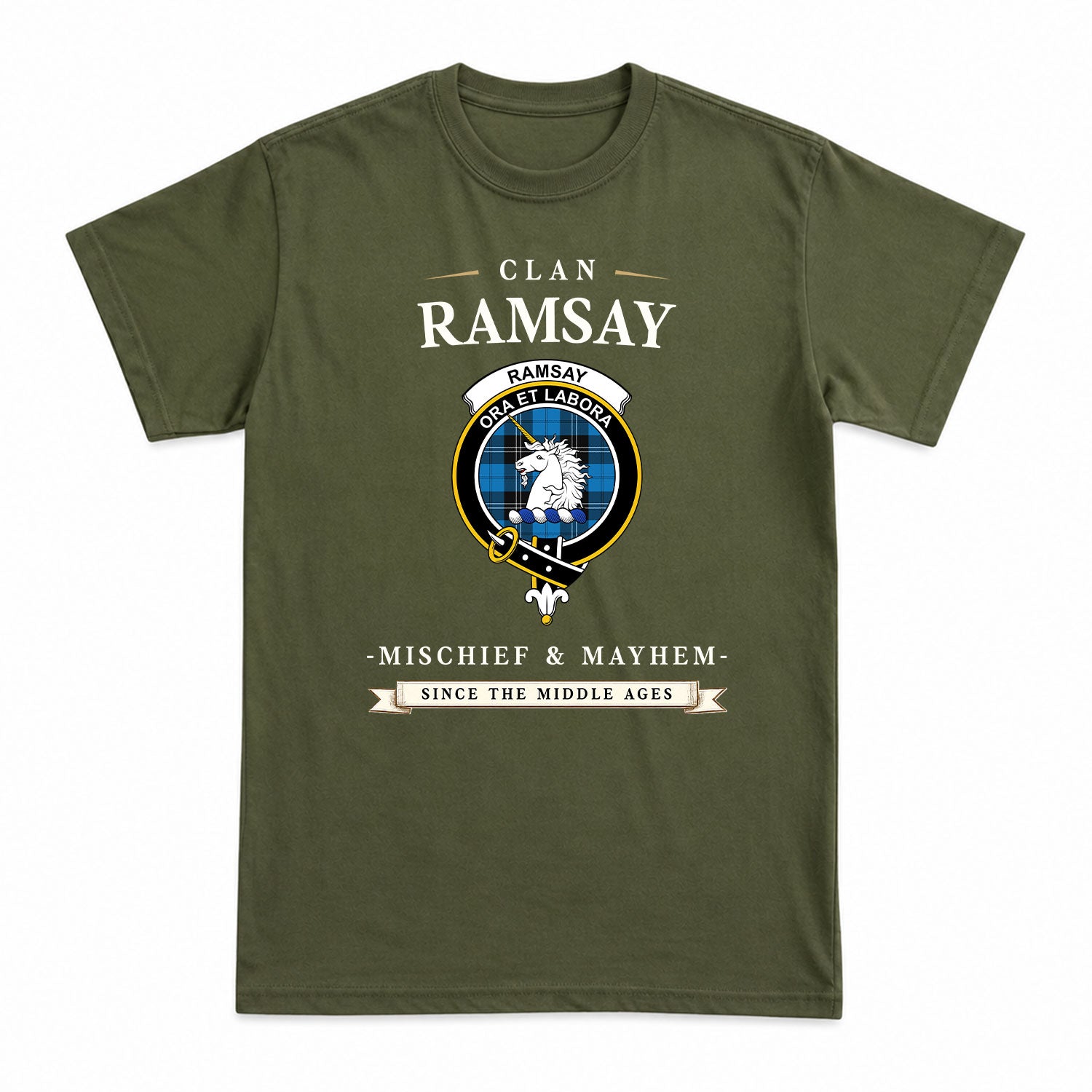 Ramsay Blue Ancient Tartan Crest Mischief and Mayhem T-shirt