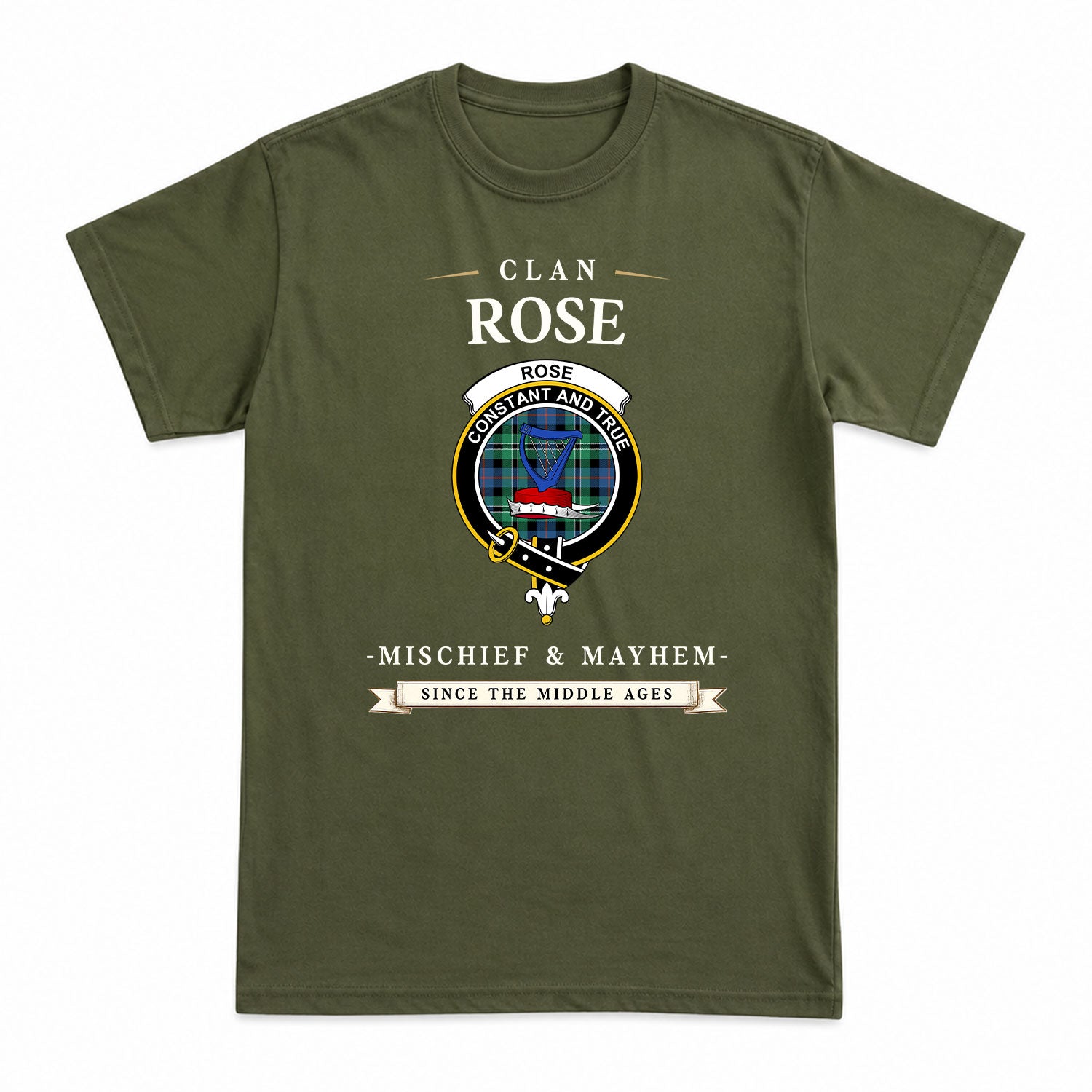 Rose Hunting Ancient Tartan Crest Mischief and Mayhem T-shirt