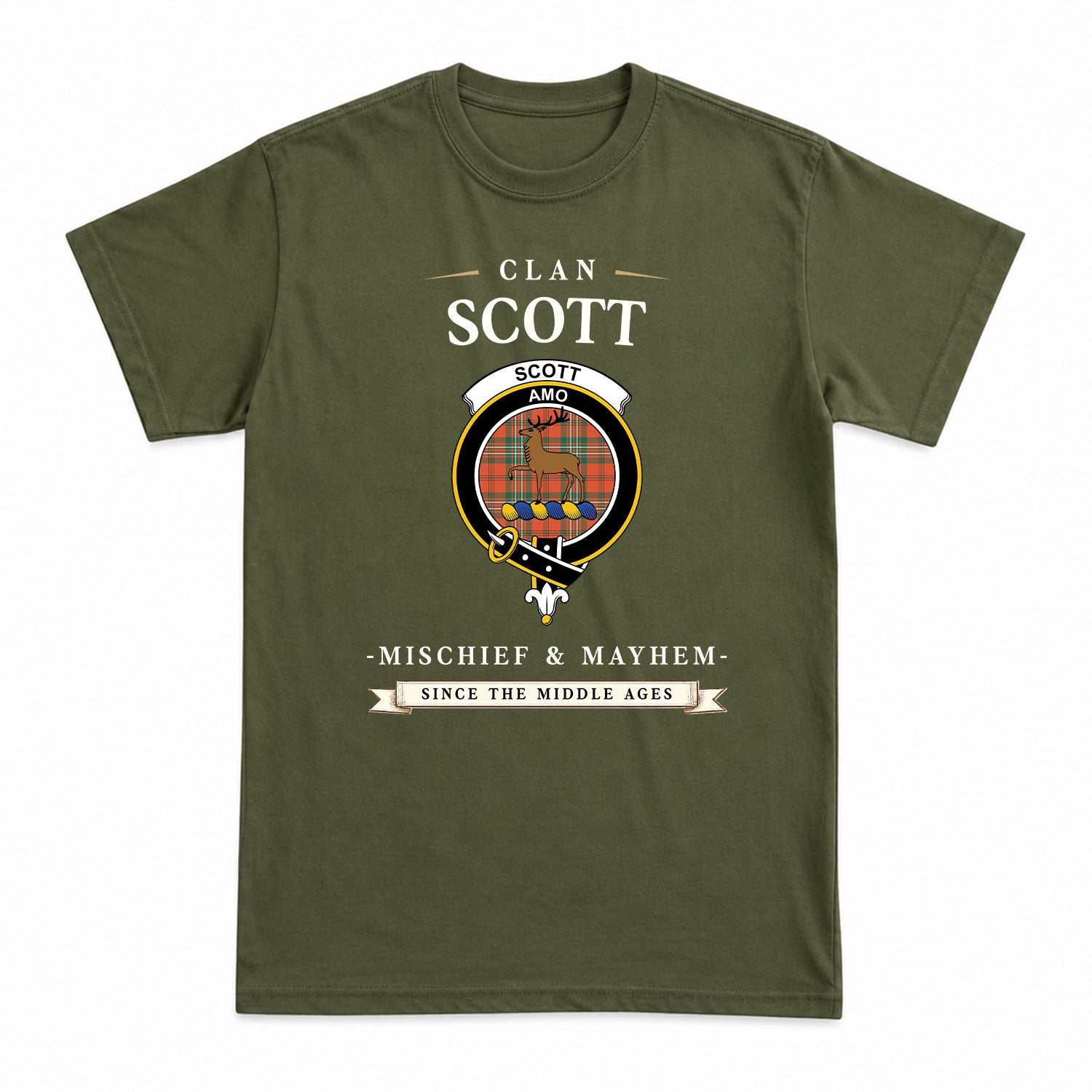Scott Ancient Tartan Crest Mischief and Mayhem T-shirt