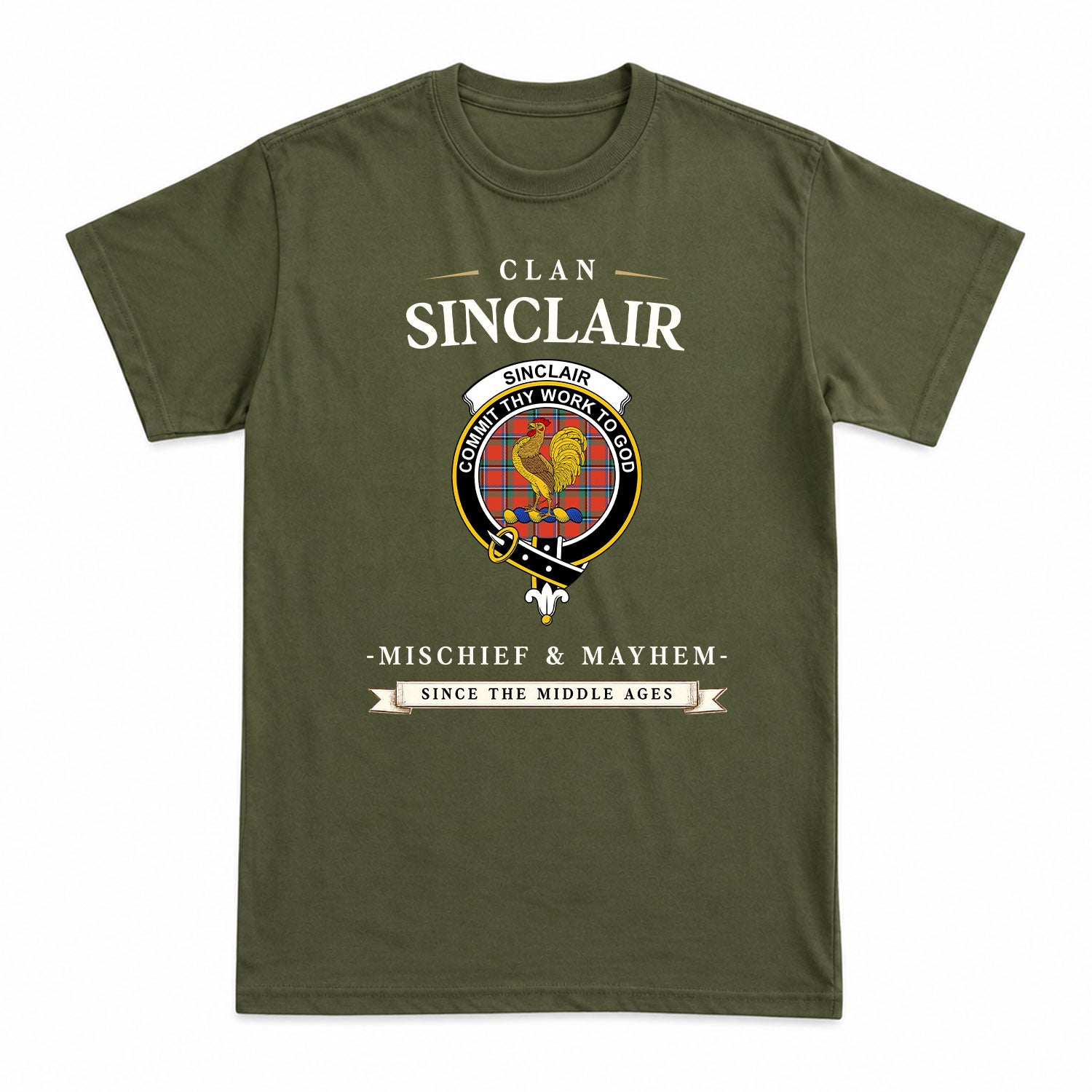 Sinclair Ancient Tartan Crest Mischief and Mayhem T-shirt