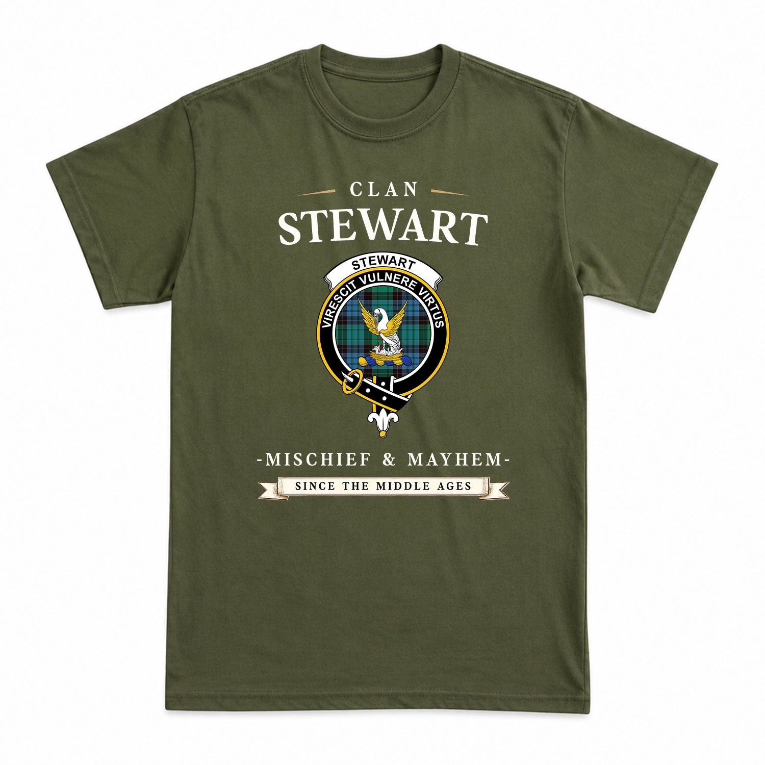 Stewart Old Ancient Tartan Crest Mischief and Mayhem T-shirt